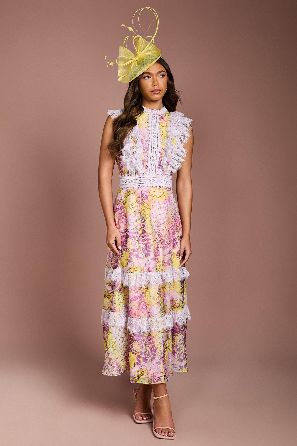 Lace Trim Printed Georgette Midi Dress by COAST