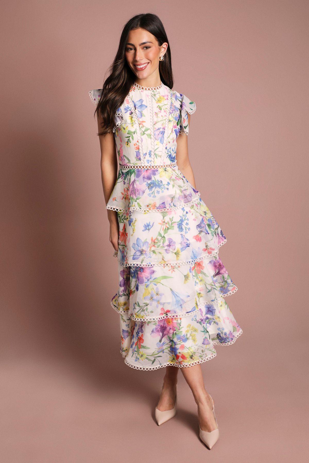 Lace Trim Tiered Organza Midi Dress by COAST