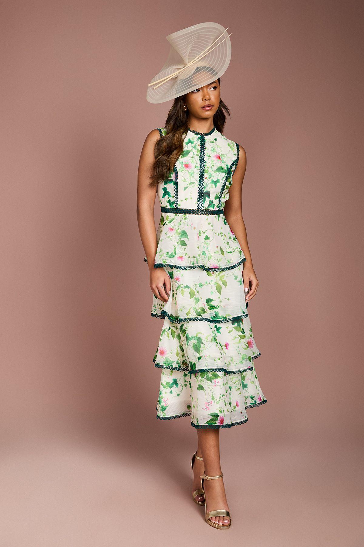 Lace Trim Tiered Printed Organza Midi Dress by COAST