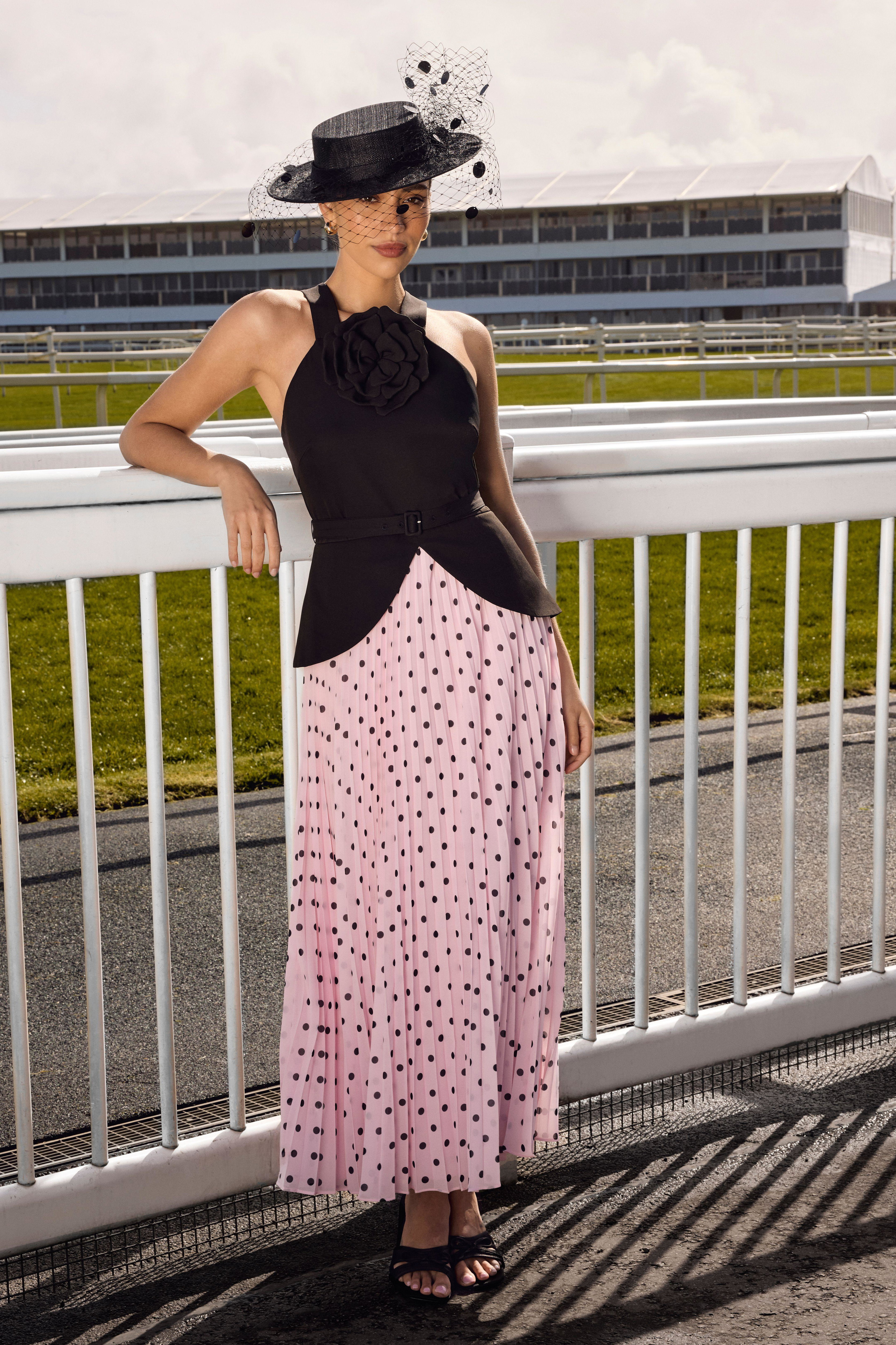 Lisa Tan Corsage Peplum Detail Spot Print Pleated Midi Dress by COAST