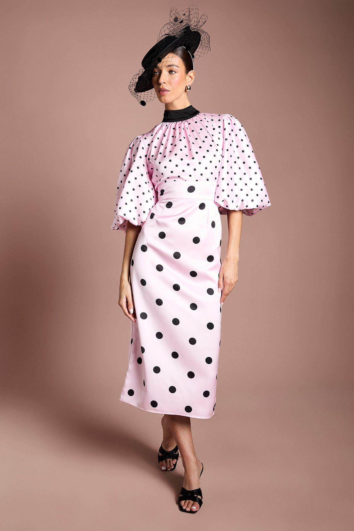 Lisa Tan Puff Sleeve High Neck Spot Satin Midi Dress by COAST