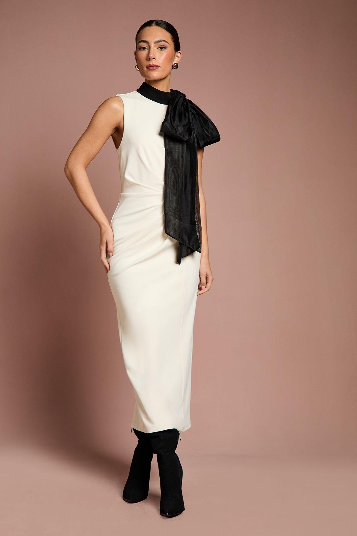 Lisa Tan Stretch Crepe Organza Pussybow Column Midi Dress by COAST