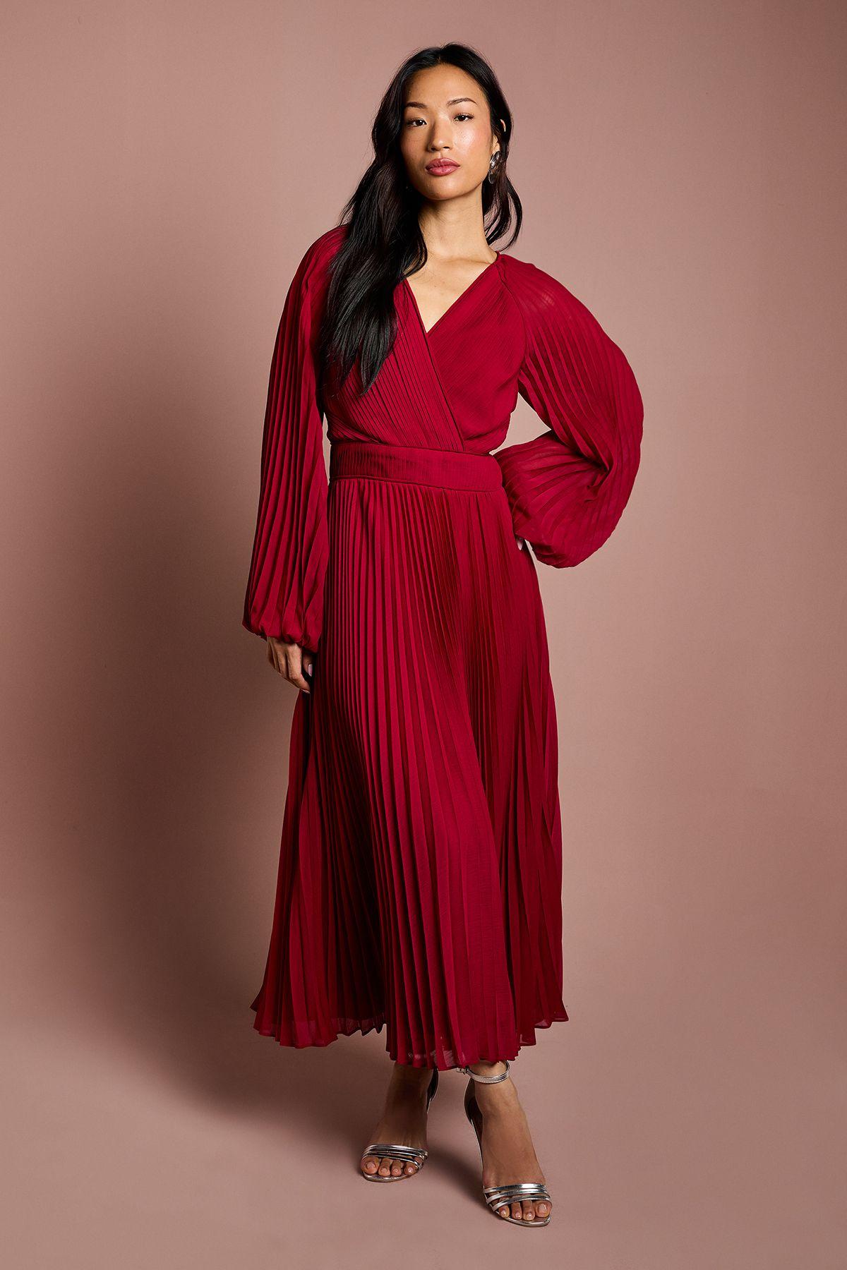 Long Sleeve Chiffon Pleated Wrap Midi Dress by COAST
