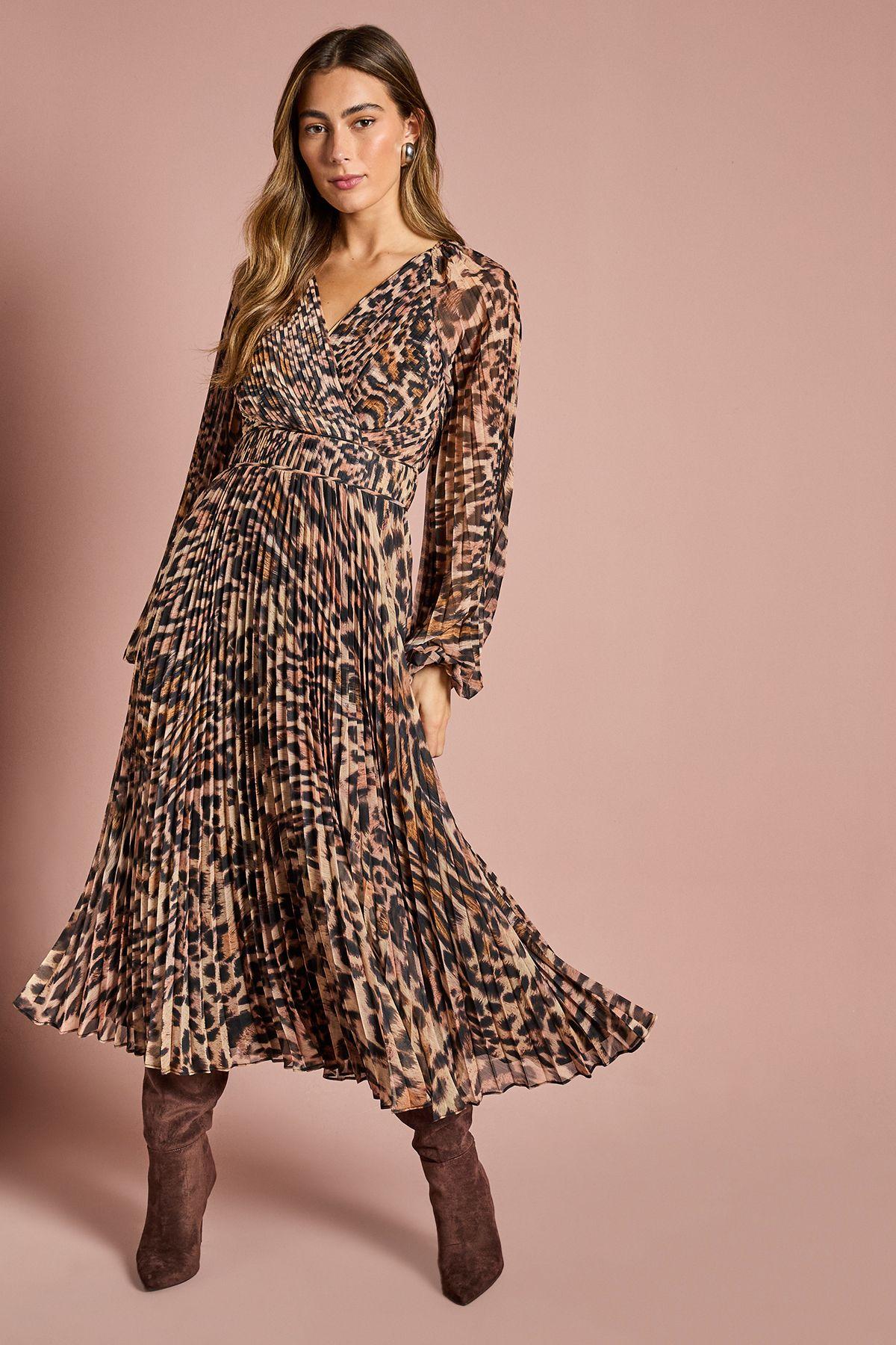 Long Sleeve Chiffon Pleated Wrap Midi Dress by COAST