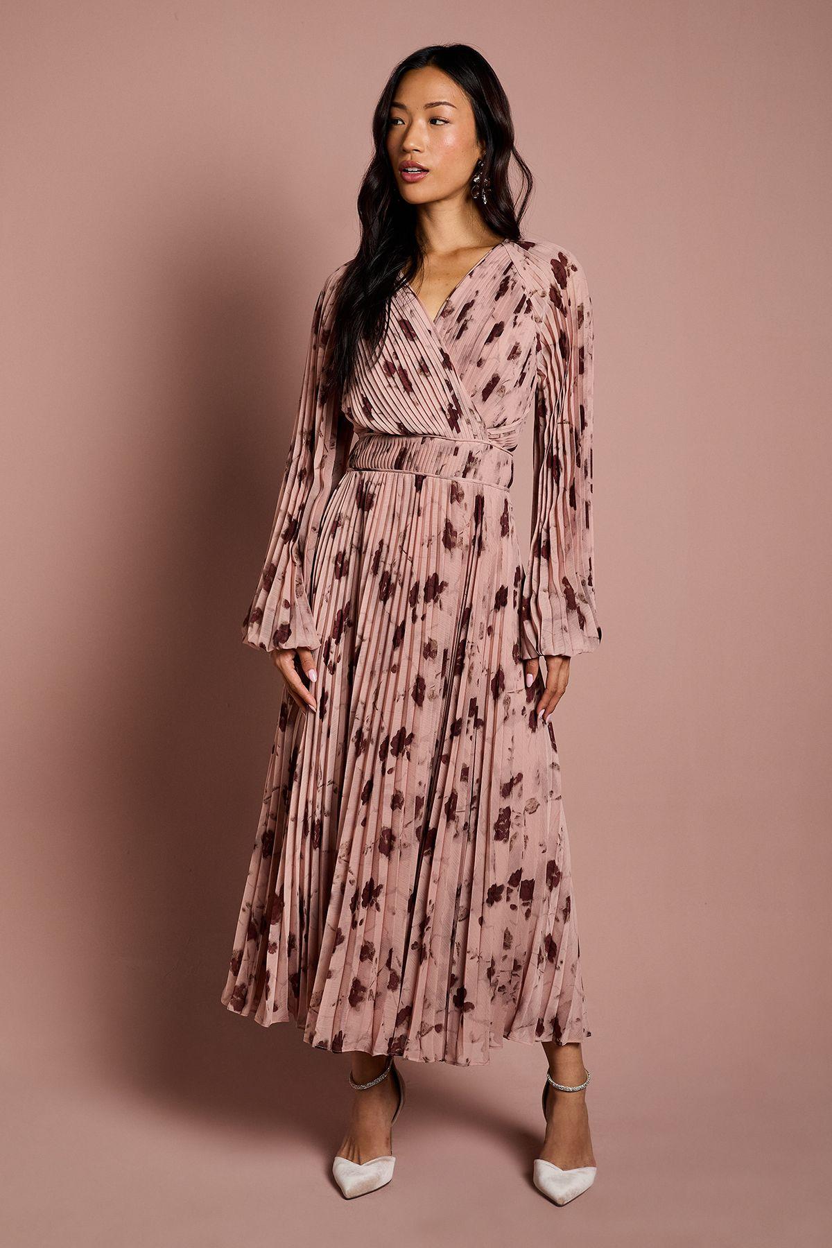 Long Sleeve Chiffon Pleated Wrap Midi Dress by COAST