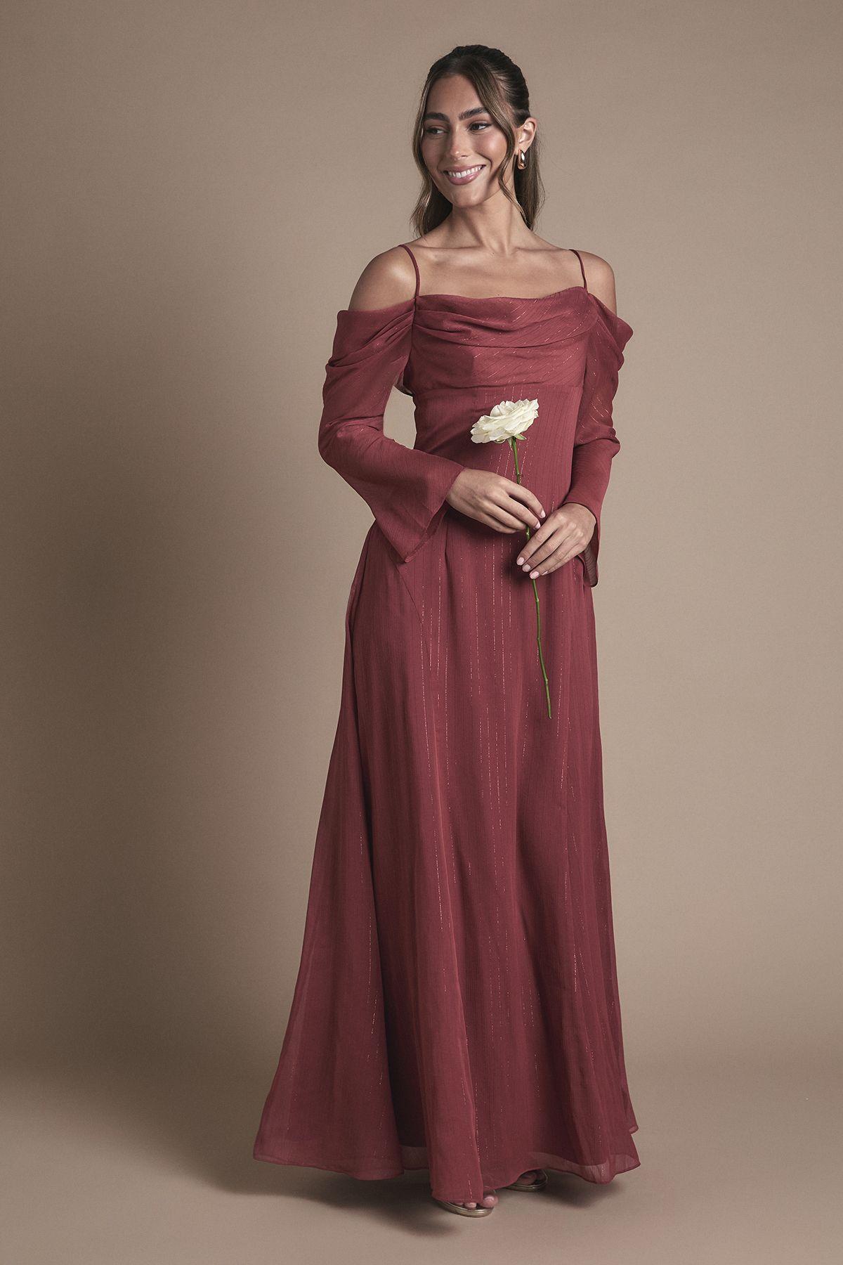 Long Sleeve Cold Shoulder Ruffle Detail Maxi Bridesmaid Dress by COAST