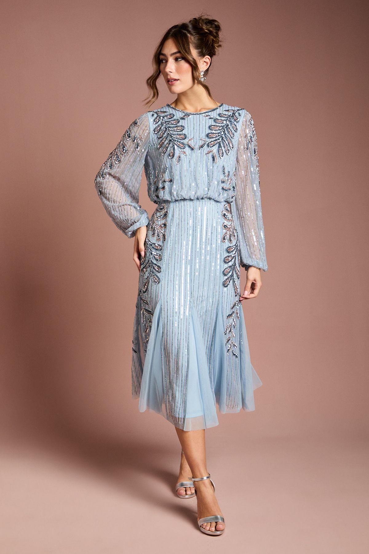 Long Sleeve Floral Applique Beaded Midi Dress by COAST
