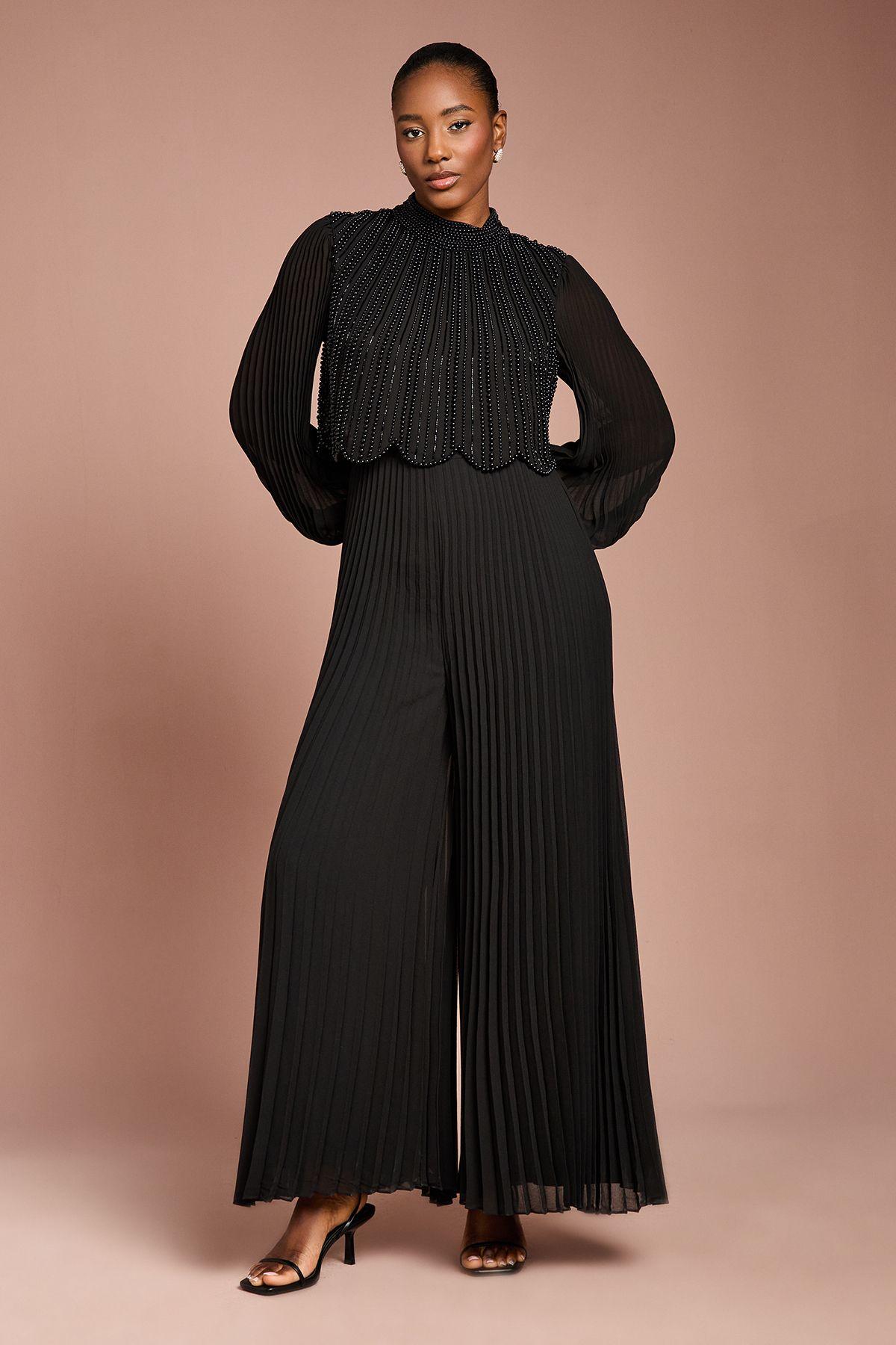 Long Sleeve Pearl Embellished Pleated Jumpsuit by COAST