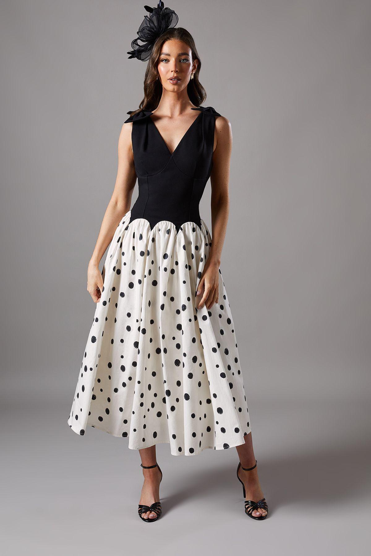 Mono Spot Races Drop Waist Bow Shoulder Midi Dress by COAST