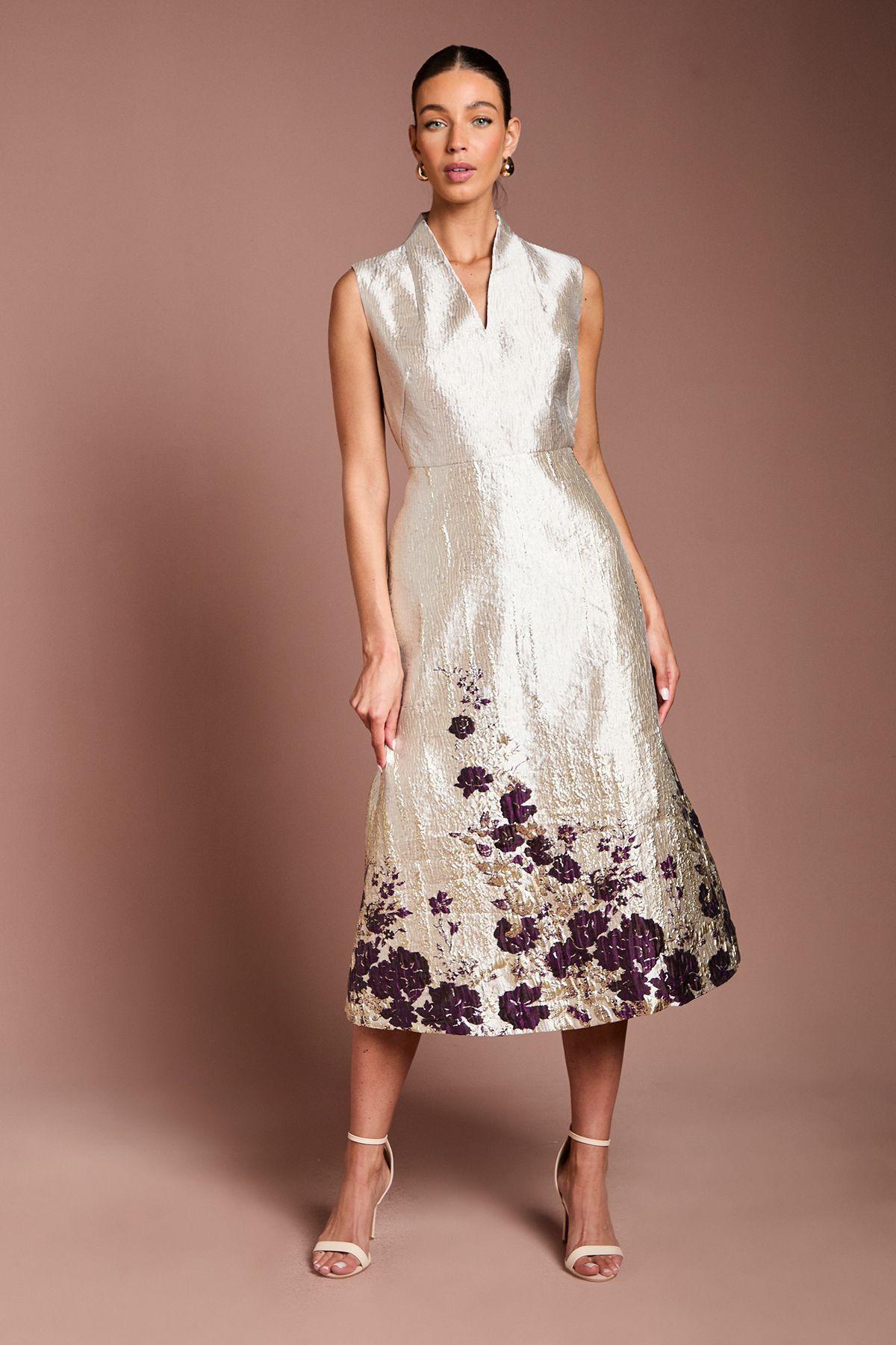 Notch Neck Floral Border Print Jacquard Midi Dress by COAST