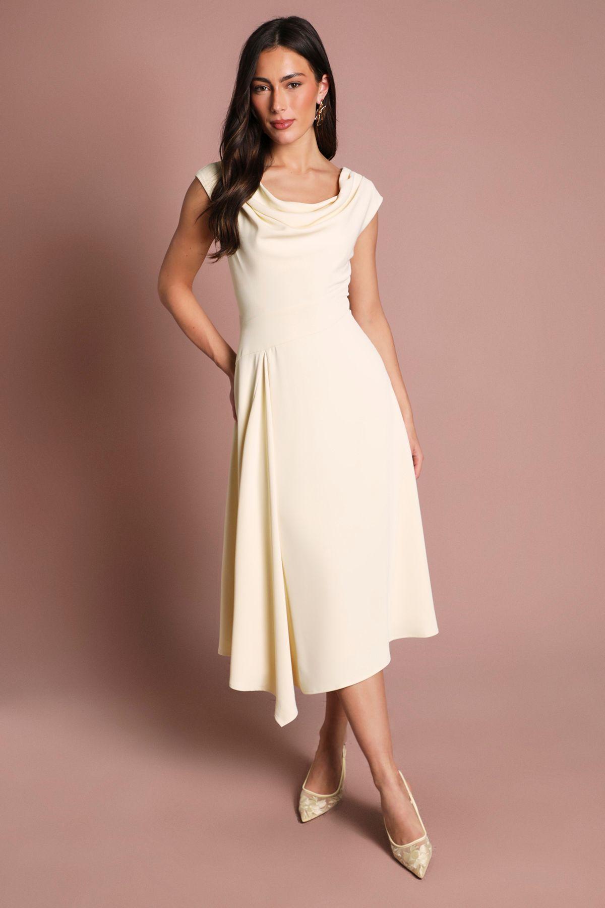 Off The Shoulder Asymmetric Lightweight Crepe Midi Dress by COAST