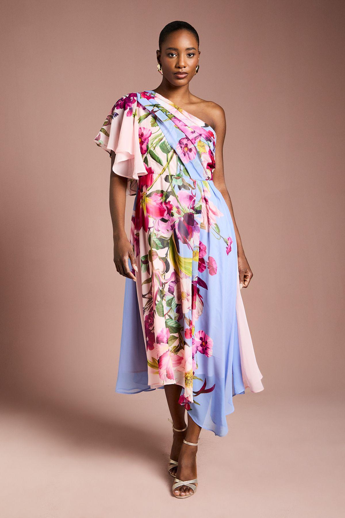 One Shoulder Floral Printed Chiffon Dress by COAST