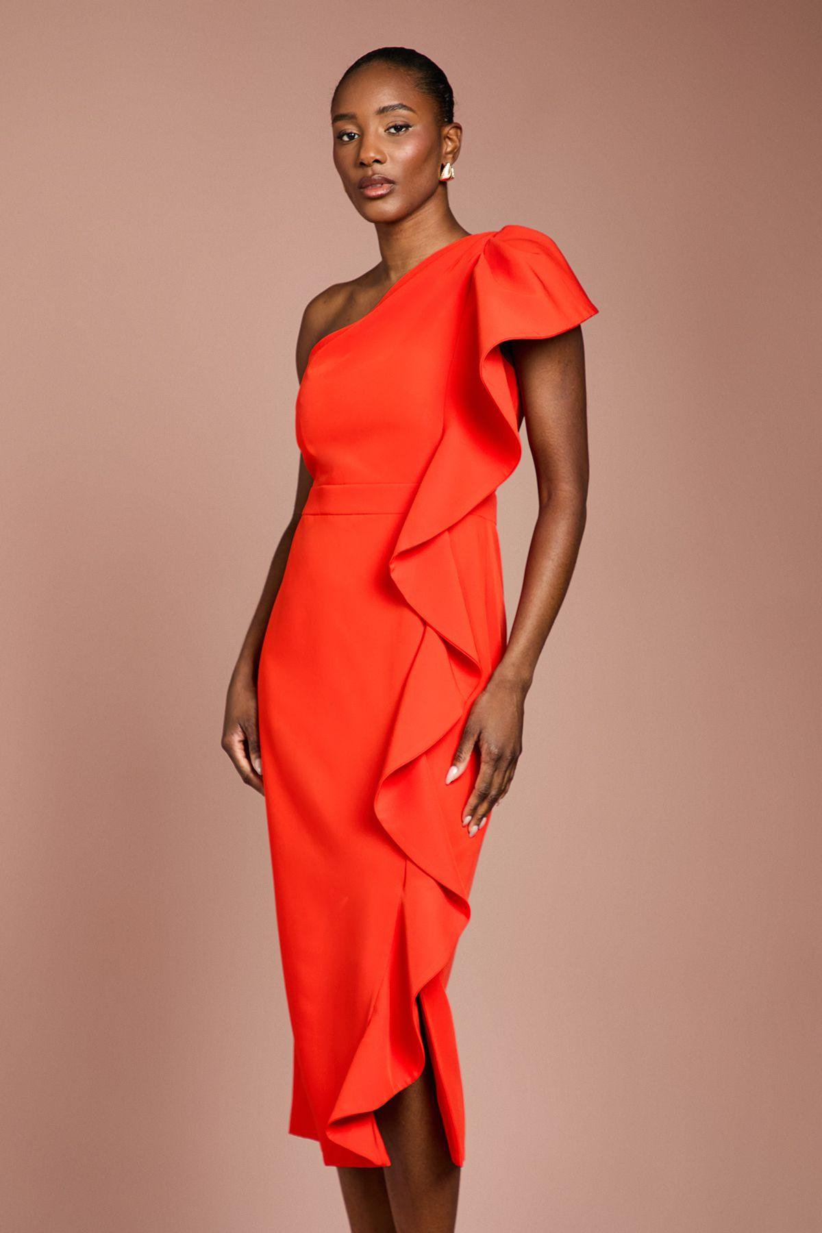 One Shoulder Ruffle Crepe Pencil Midi Dress by COAST