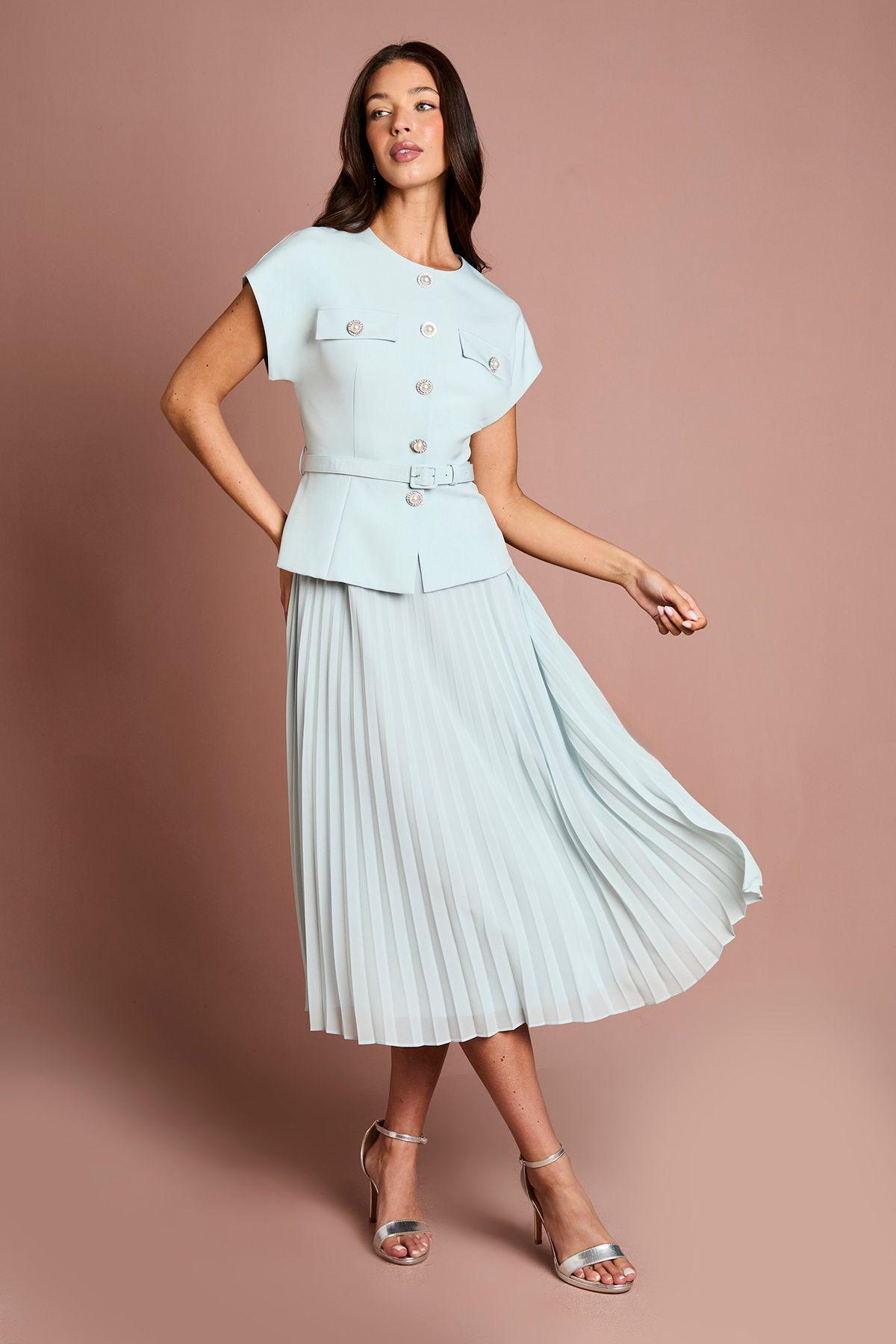 Pearl Button Tailored Bodice With Pleated Skirt Midi Dress by COAST