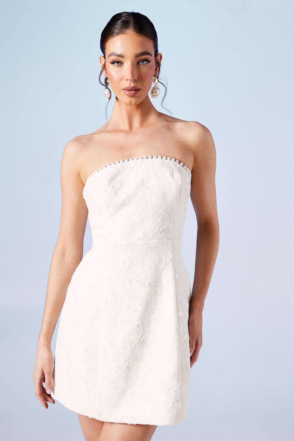 Pearl Detail Sequin Lace Bandeau Bridal Mini Dress by COAST