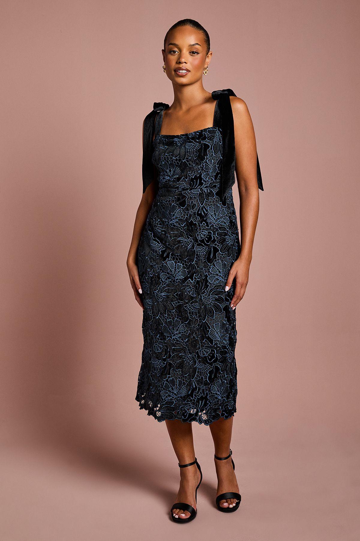 Petite Cut Out Velvet Lace Tie Shoulder Column Midi Dress by COAST