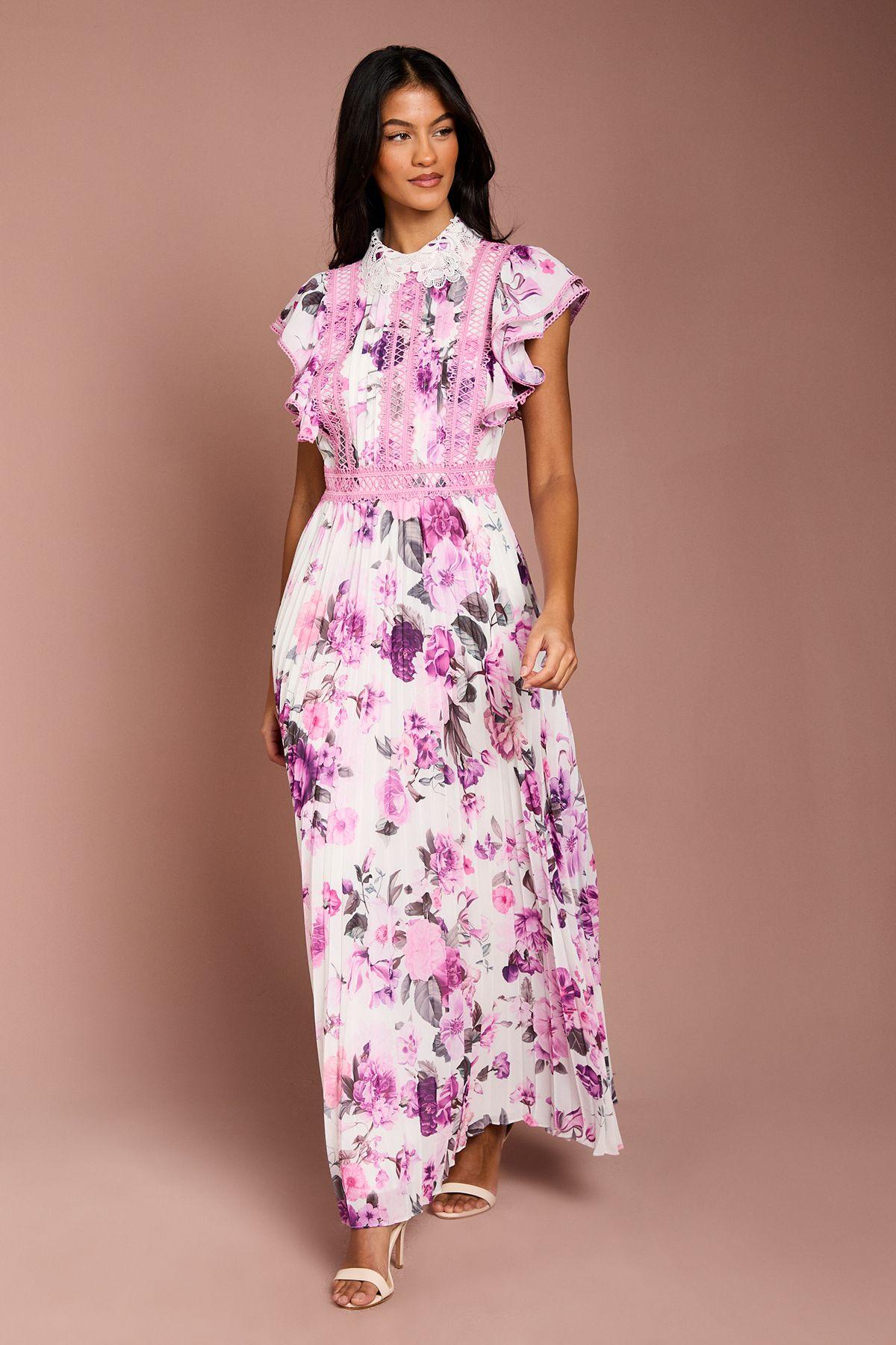 Petite Frill Sleeve Contrast Collar Pleat Skirt Maxi Dress by COAST