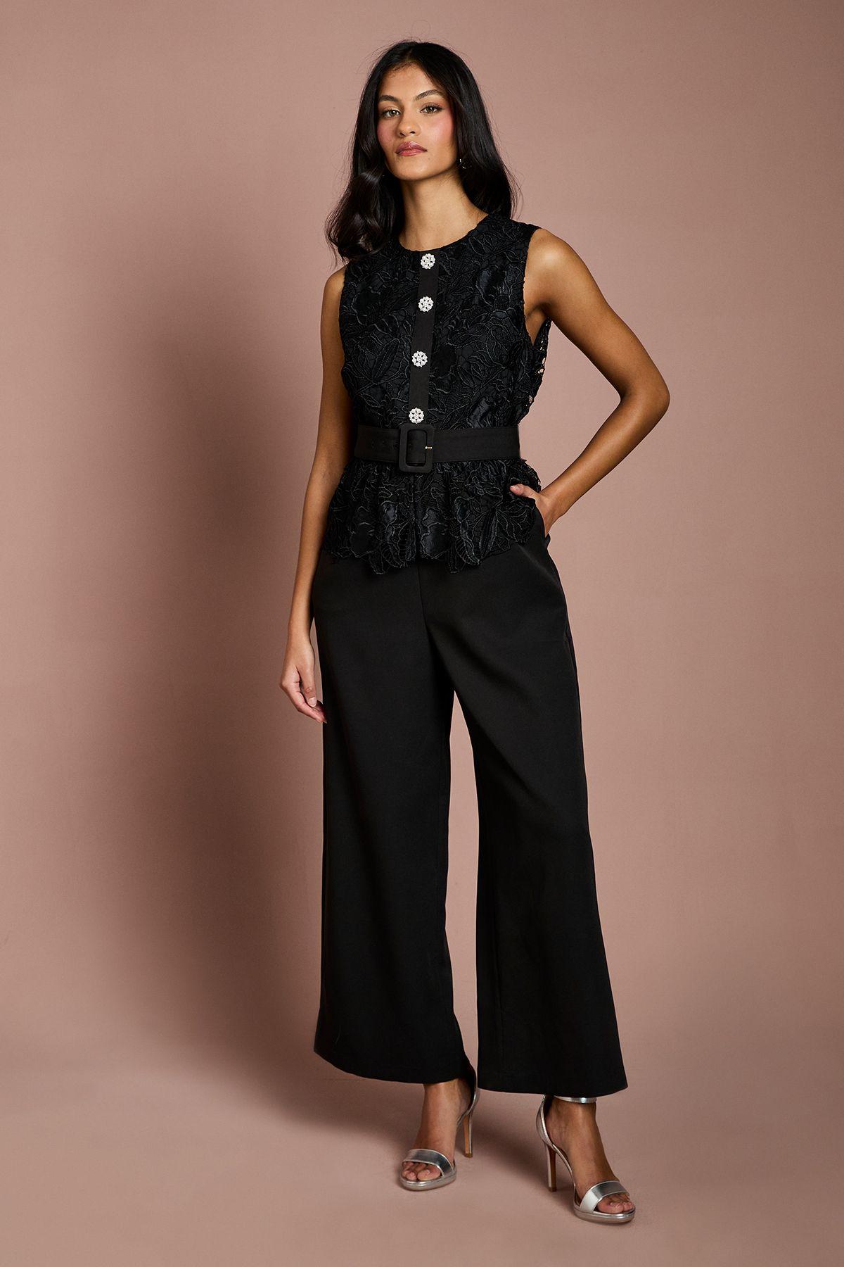 Petite Lace Bodice Crepe Trouser Belted Jumpsuit by COAST