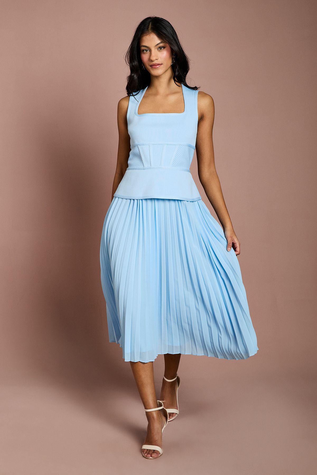Petite Lisa Tan Bandage Peplum Georgette Pleated Skirt Midi Dress by COAST