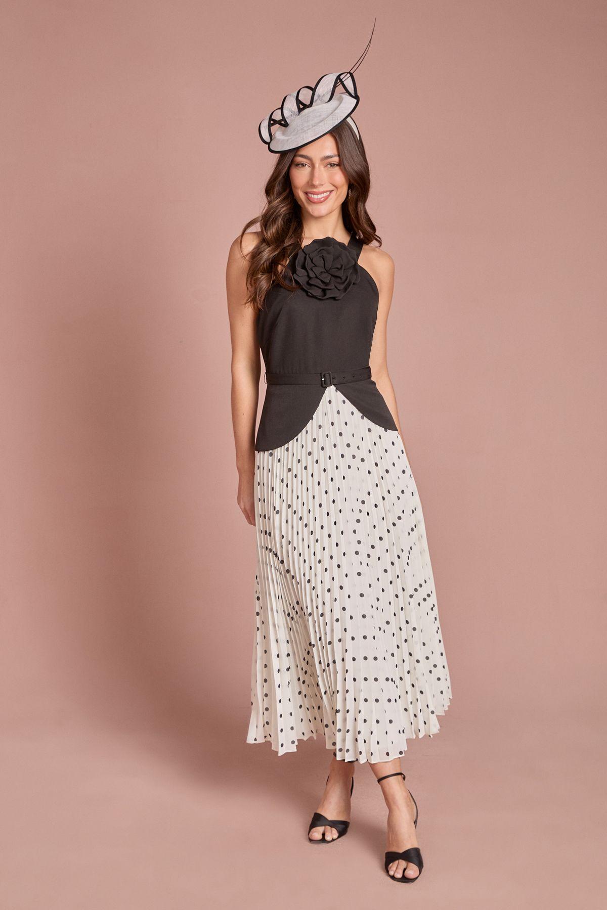 Petite Lisa Tan Corsage Peplum Detail Spot Print Pleated Midi Dress by COAST