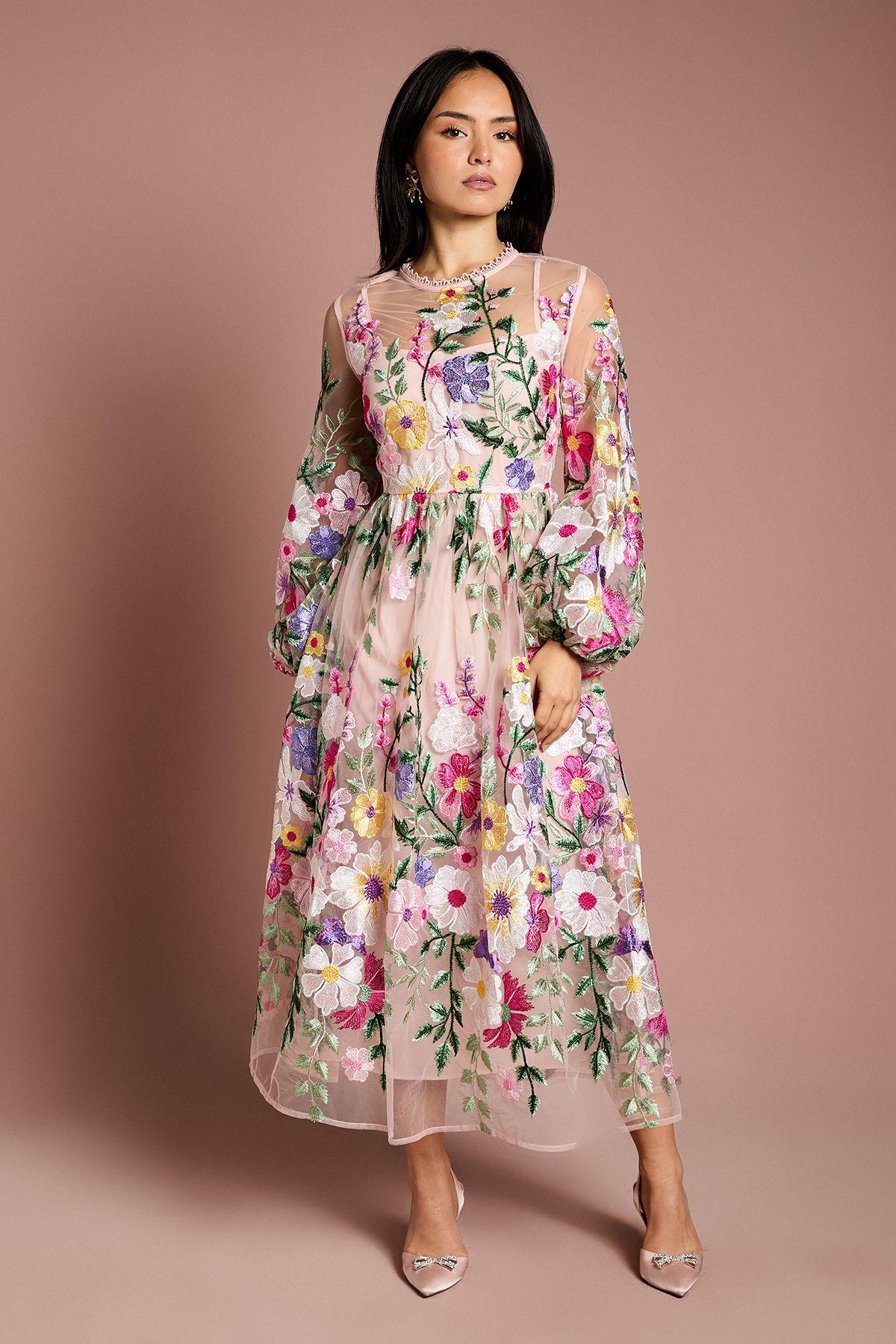 Petite Long Sleeve Embroidered Maxi Dress by COAST