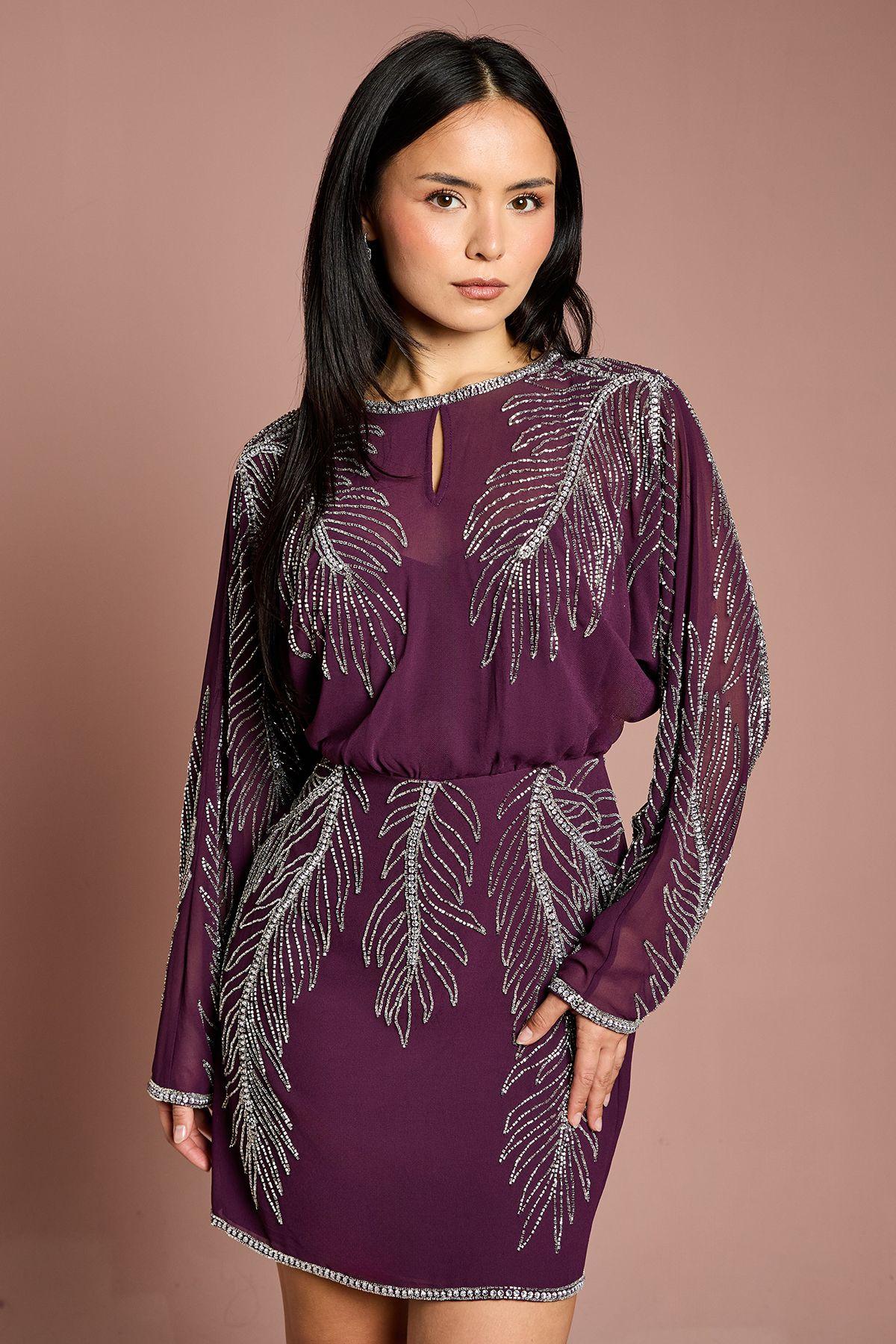 Petite Long Sleeve Placement Feather Embellished Mini Dress by COAST