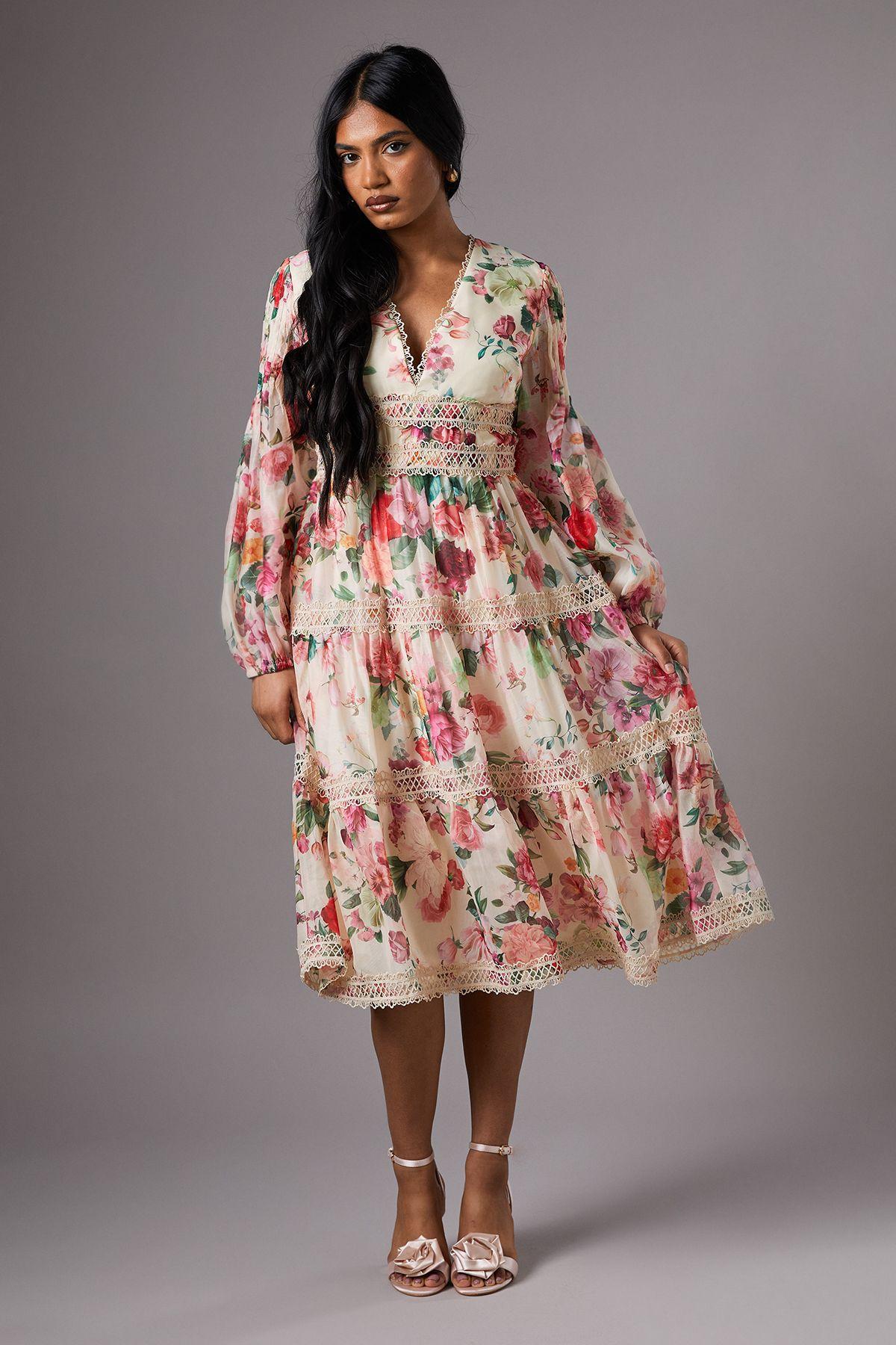 Petite Organza Long Sleeve Printed Lace Trim Dress by COAST