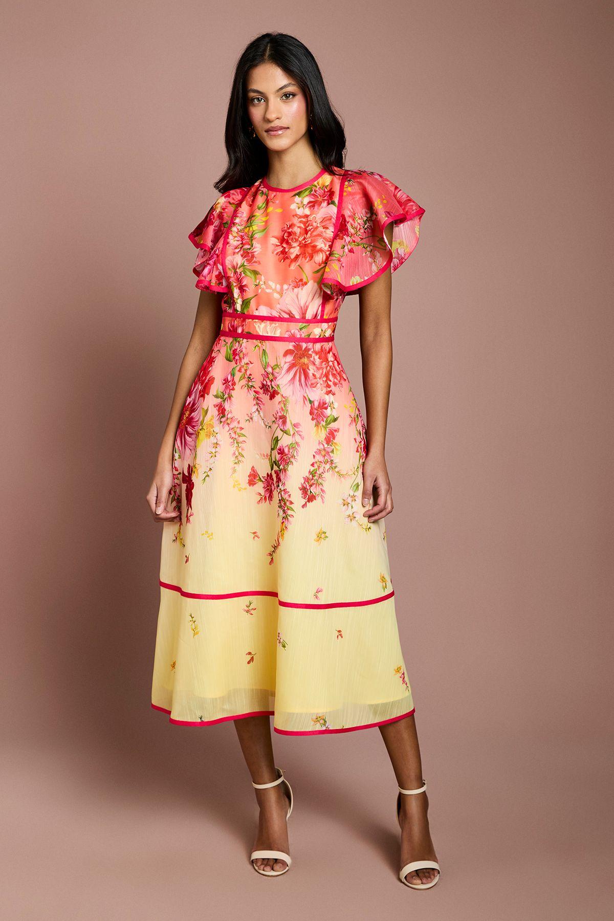 Petite Placement Print Frill Sleeve Midi Dress by COAST