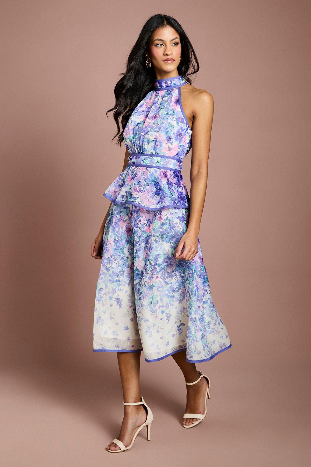 Petite Placement Print Organza Halterneck Midi Dress by COAST