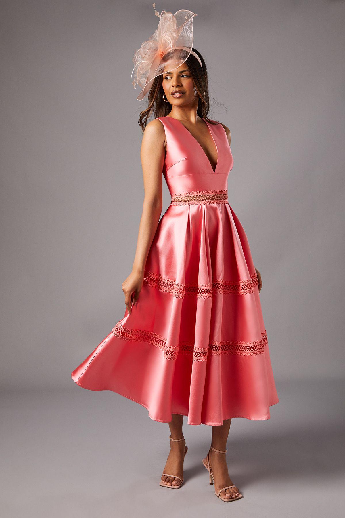 Petite Plunge Neck Twill Midi Dress With Lace Trims by COAST