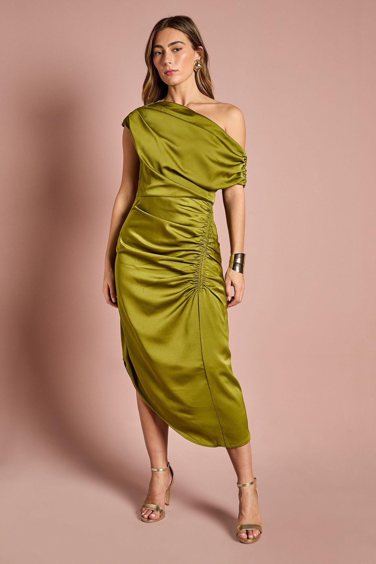 Petite Satin Ruched One Shoulder Asymmetric Hem Midi Dress by COAST