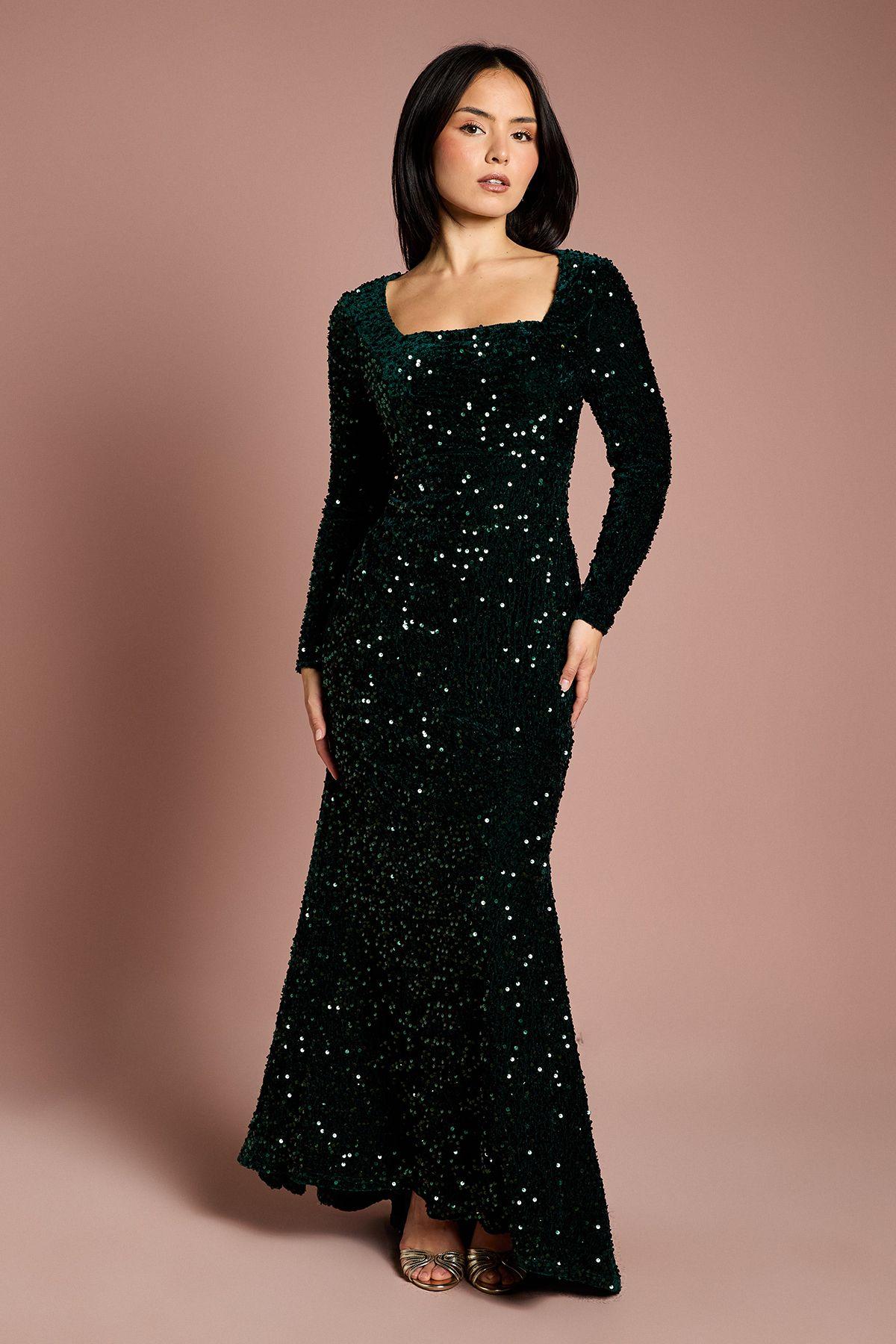 Petite Square Neck Velvet Sequin Long Sleeve Maxi Dress by COAST