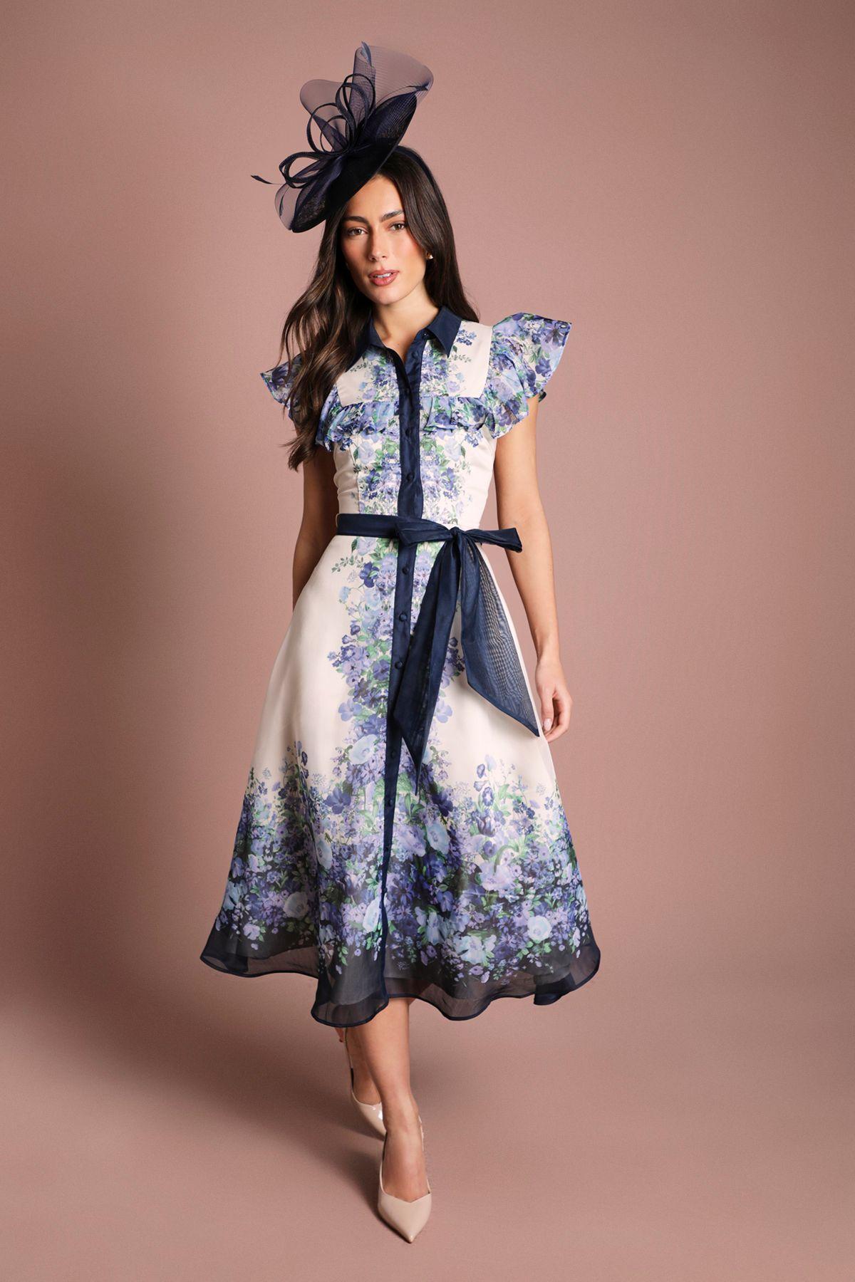 Placement Print Frill Sleeve Belted Midi Dress by COAST