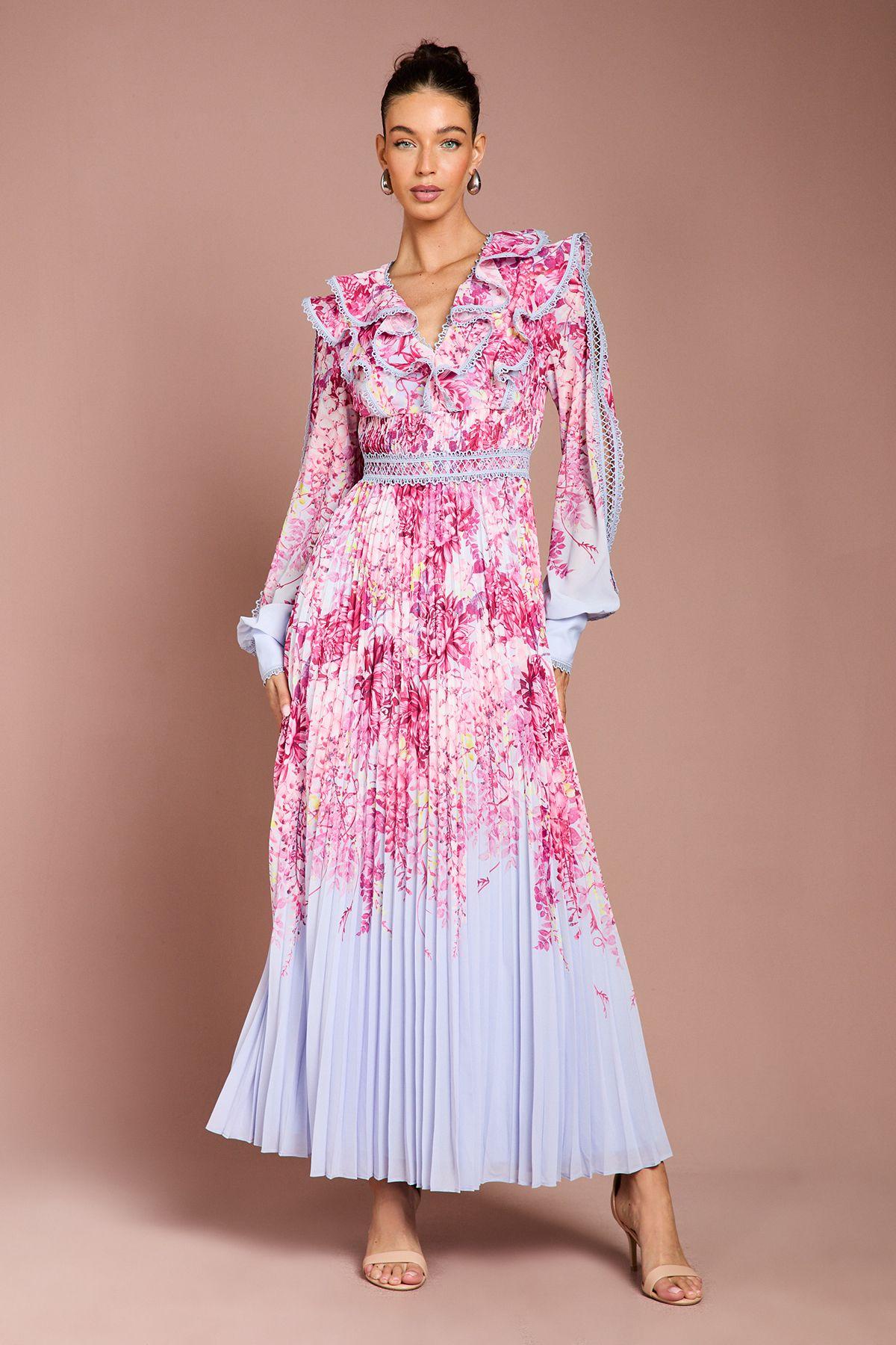 Placement Print Lace Trim Pleated Maxi Dress by COAST