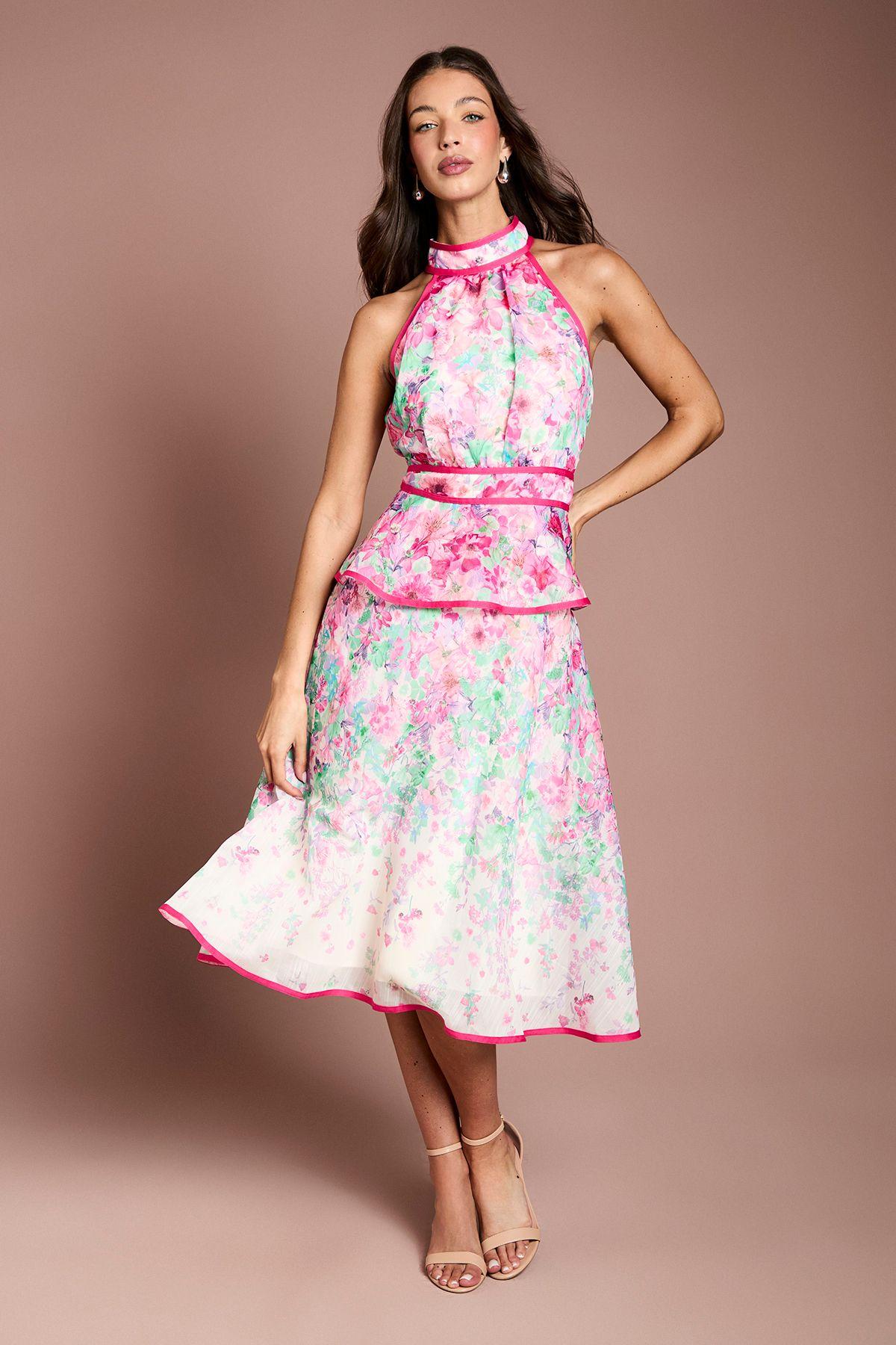 Placement Print Organza Halter Neck Midi Dress by COAST