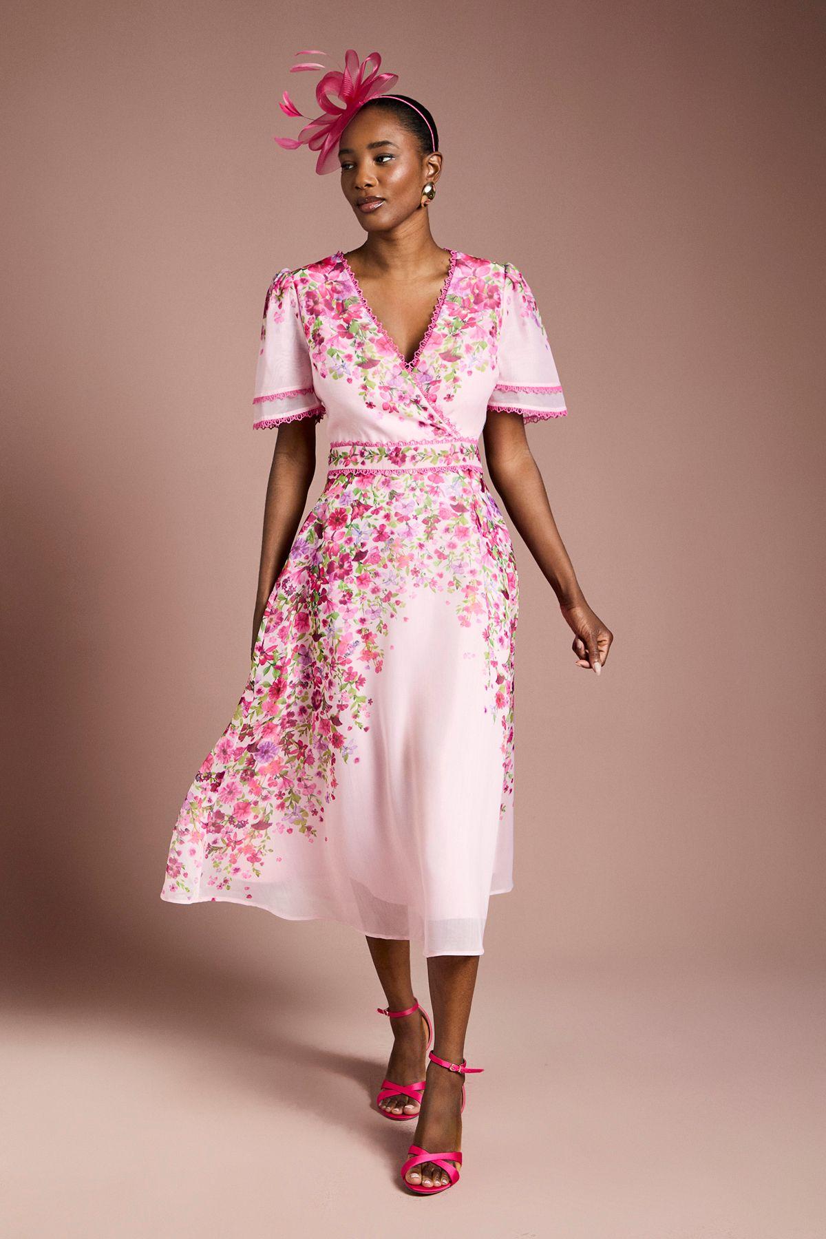 Placement Print Trailing Floral Organza Wrap Midi Dress by COAST