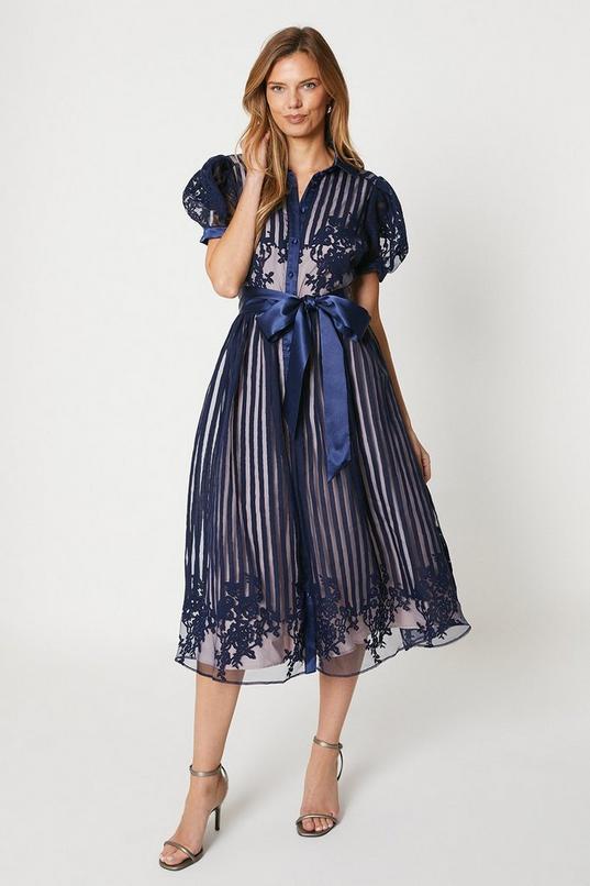 Placement Stripe Organza Puff Sleeve Shirt Dress by COAST