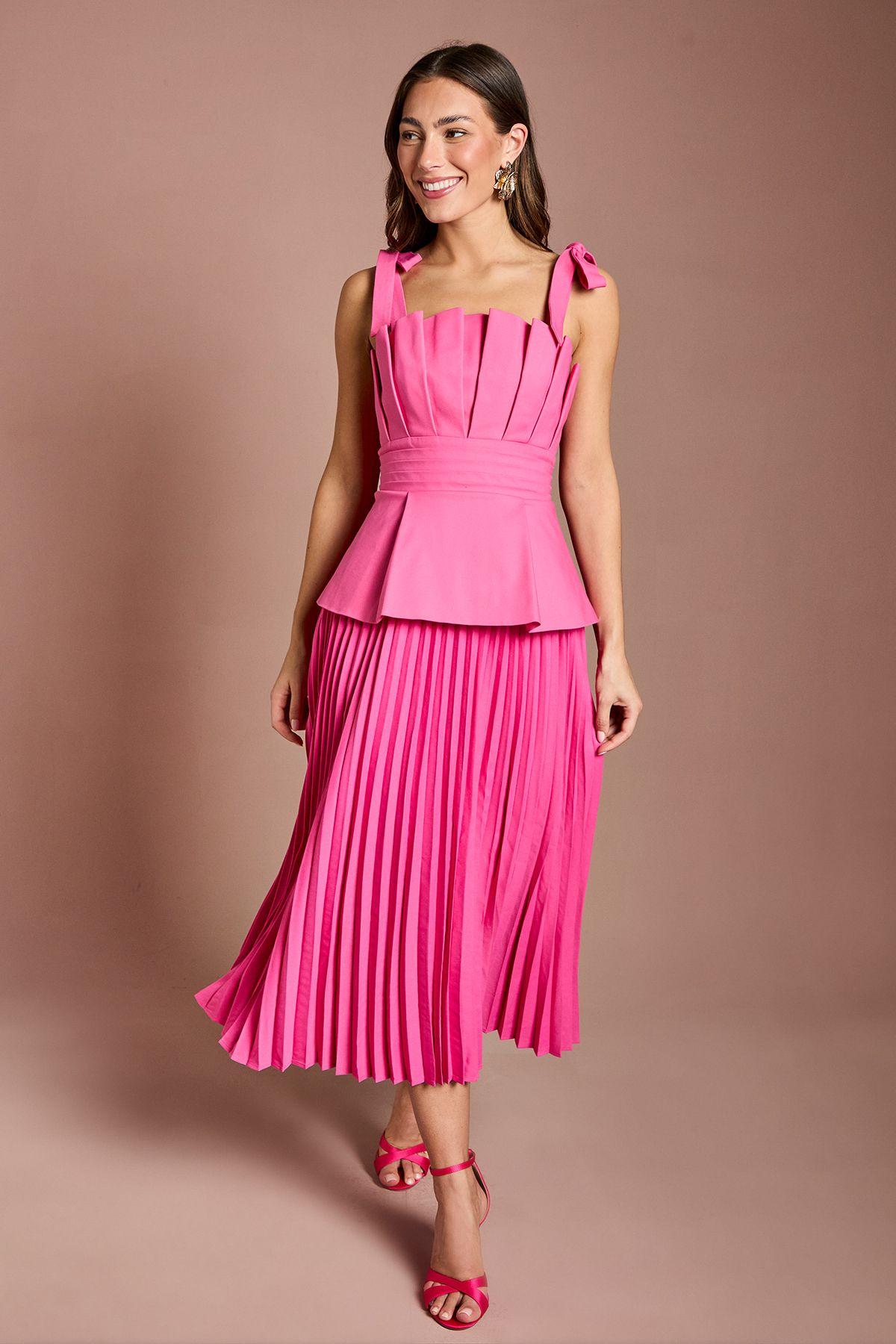 Pleat Bodice Bow Shoulder Peplum Midi Dress by COAST