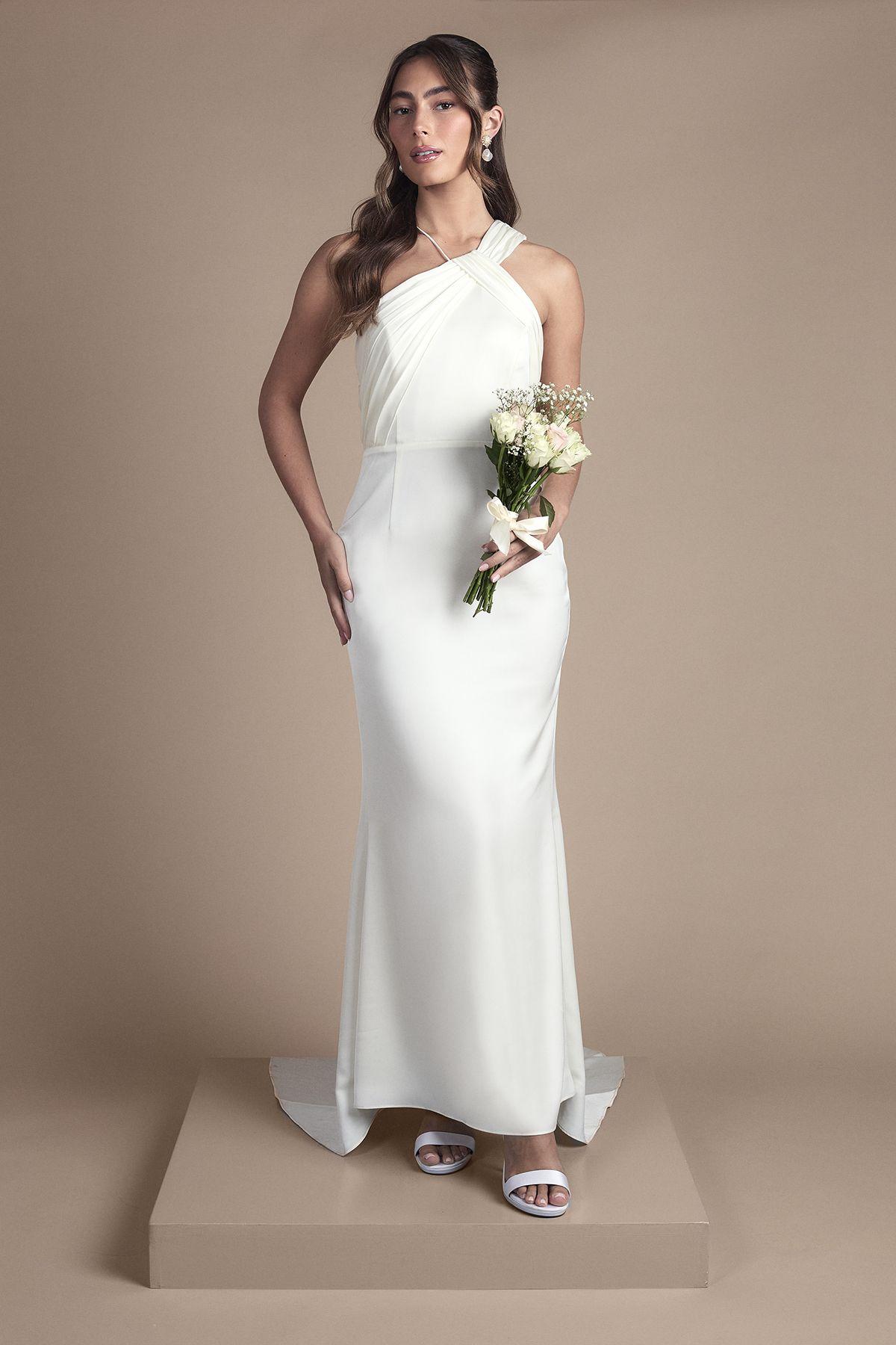 Pleat Detail Halter Neck Fishtail Satin Maxi Wedding Dress by COAST