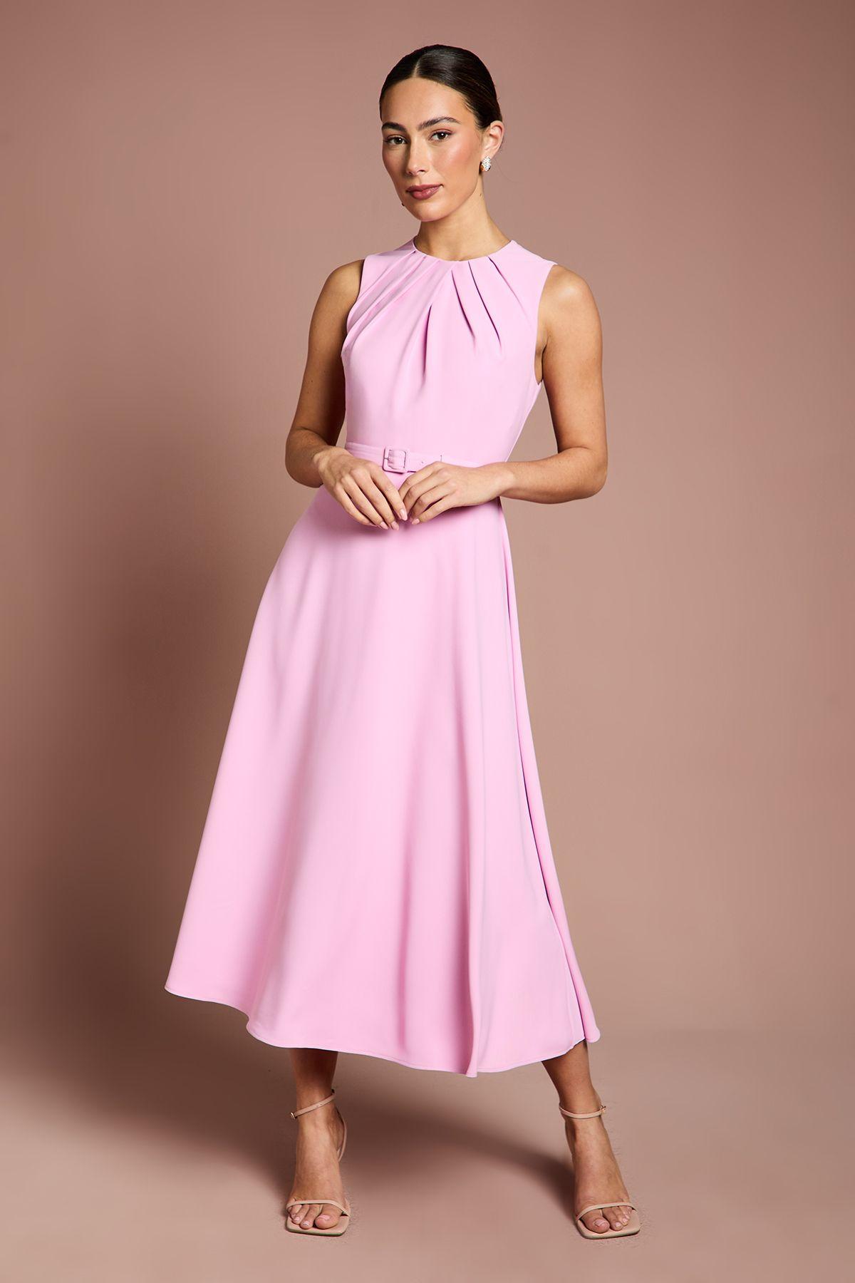 Pleated Neckline Belted Crepe Midi Dress by COAST