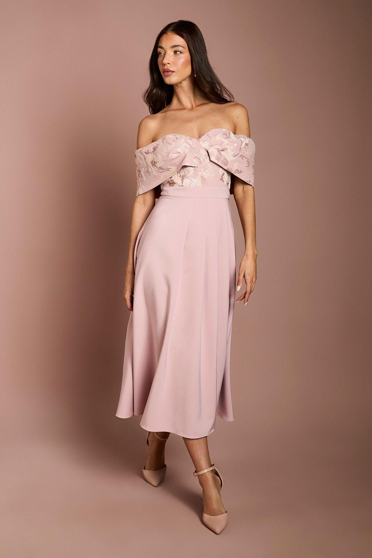 Pleated V Neck Jacquard Bodice Crepe Skirt Midi Dress by COAST