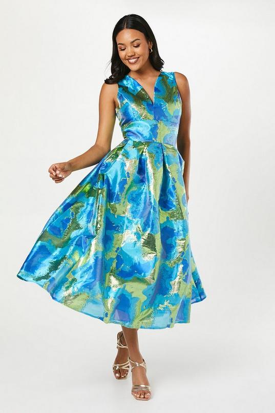 Plunge Neck Jacquard Midi Dress by COAST
