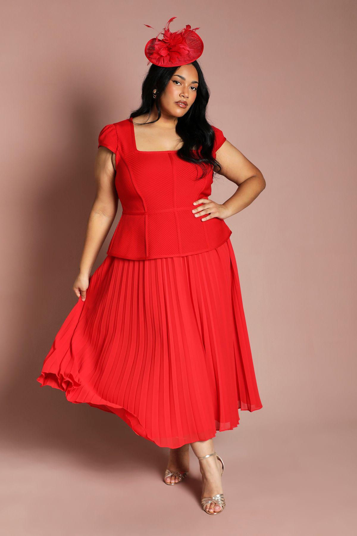 Plus Cap Sleeve Bandage Bodice Pleated Skirt Midi Dress by COAST