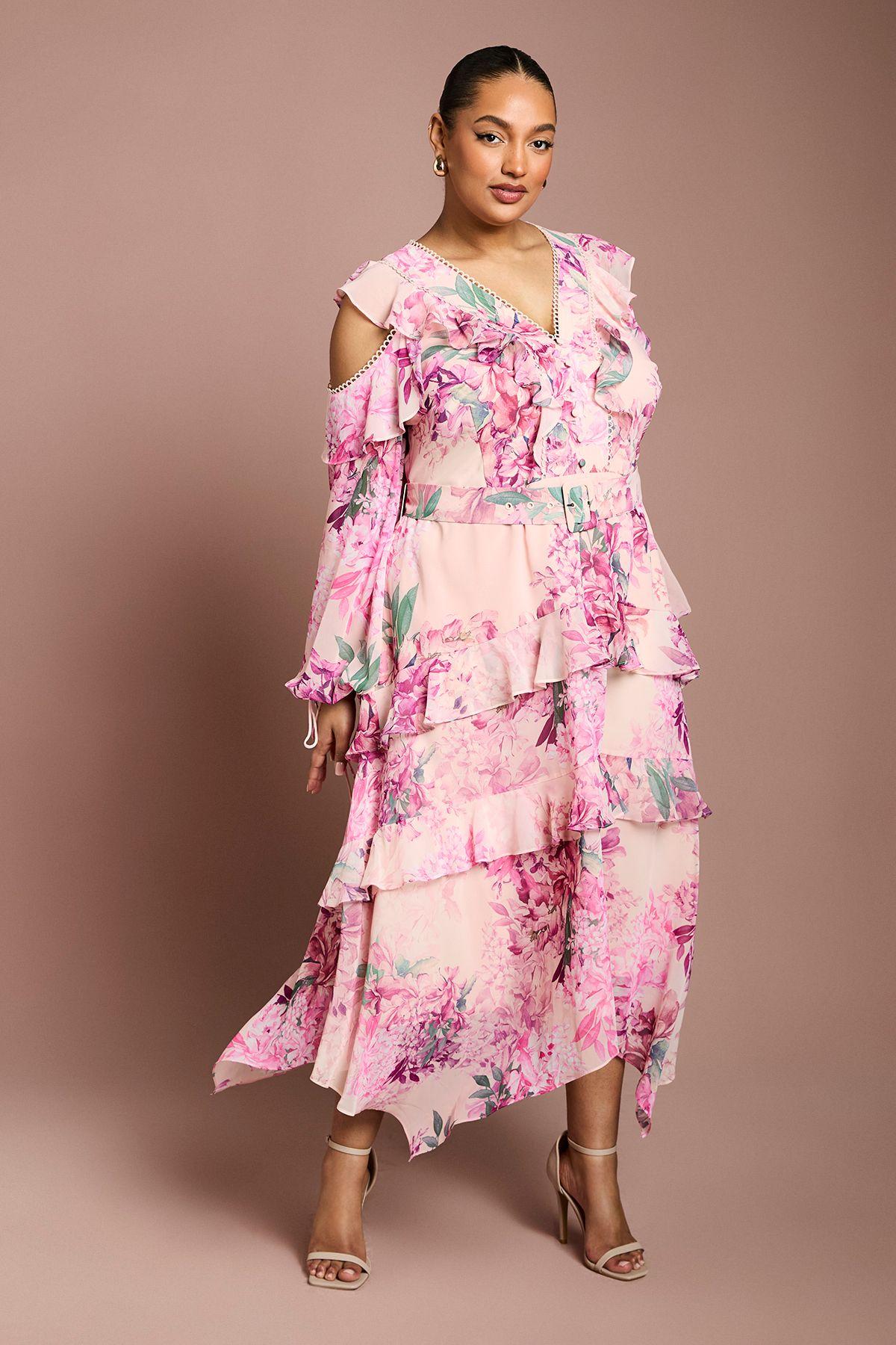 Plus Cold Shoulder Printed Ruffle Midi Dress by COAST