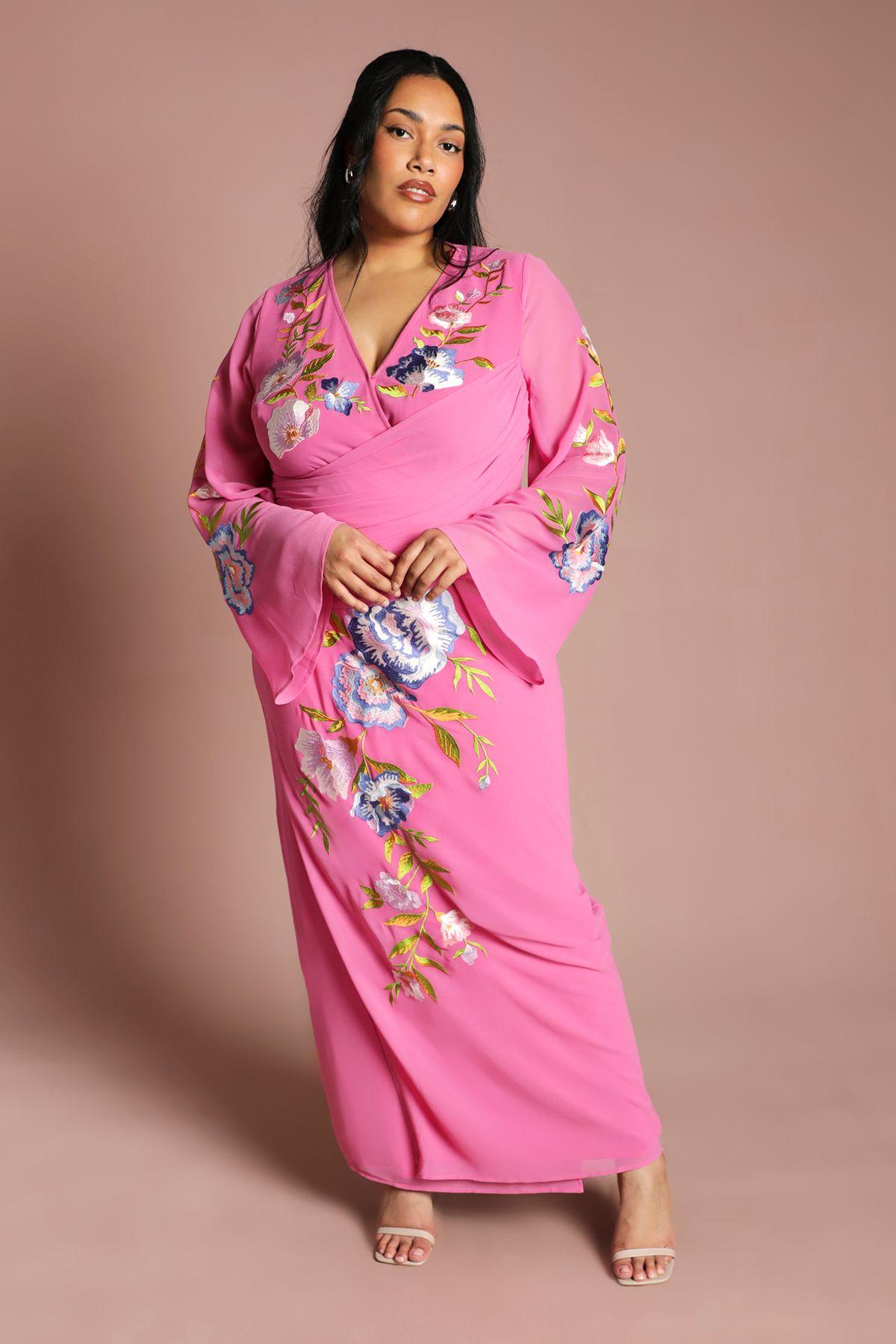 Plus Embroidered V Neck Wrap Midi Dress by COAST
