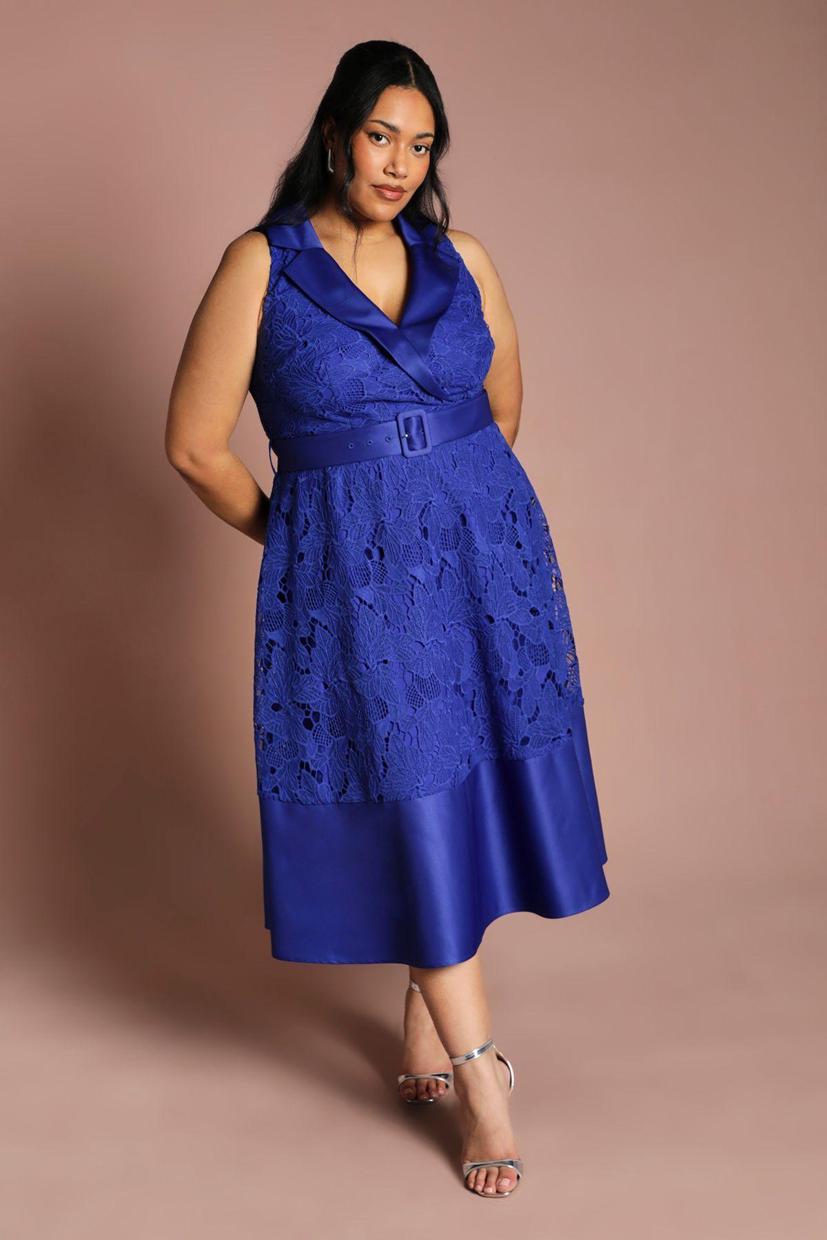 Plus Lace Sleeveless Satin Contrast Midi Skirt Dress by COAST