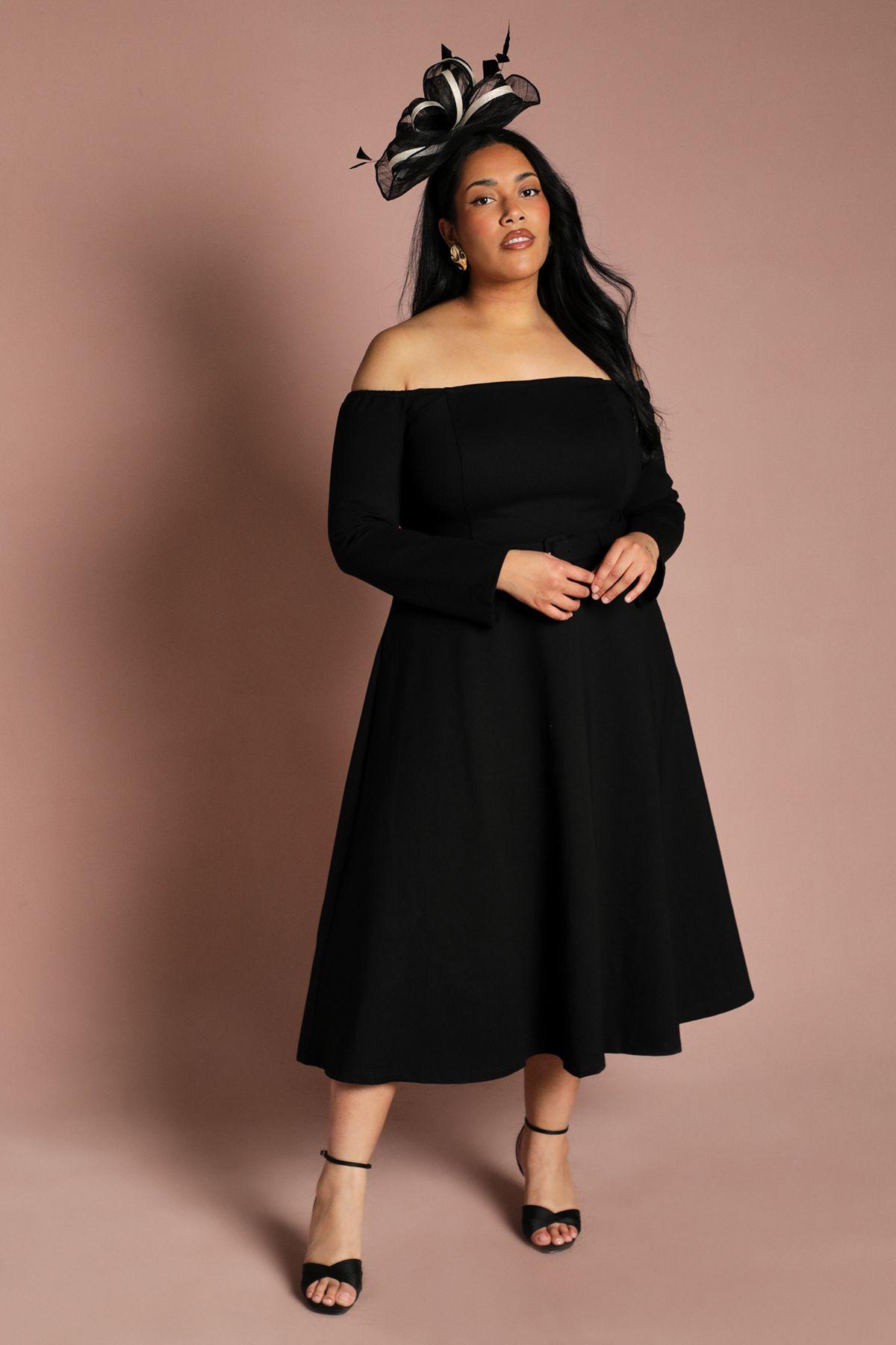 Plus Long Sleeve Bardot Full Skirted Ponte Midi Dress by COAST