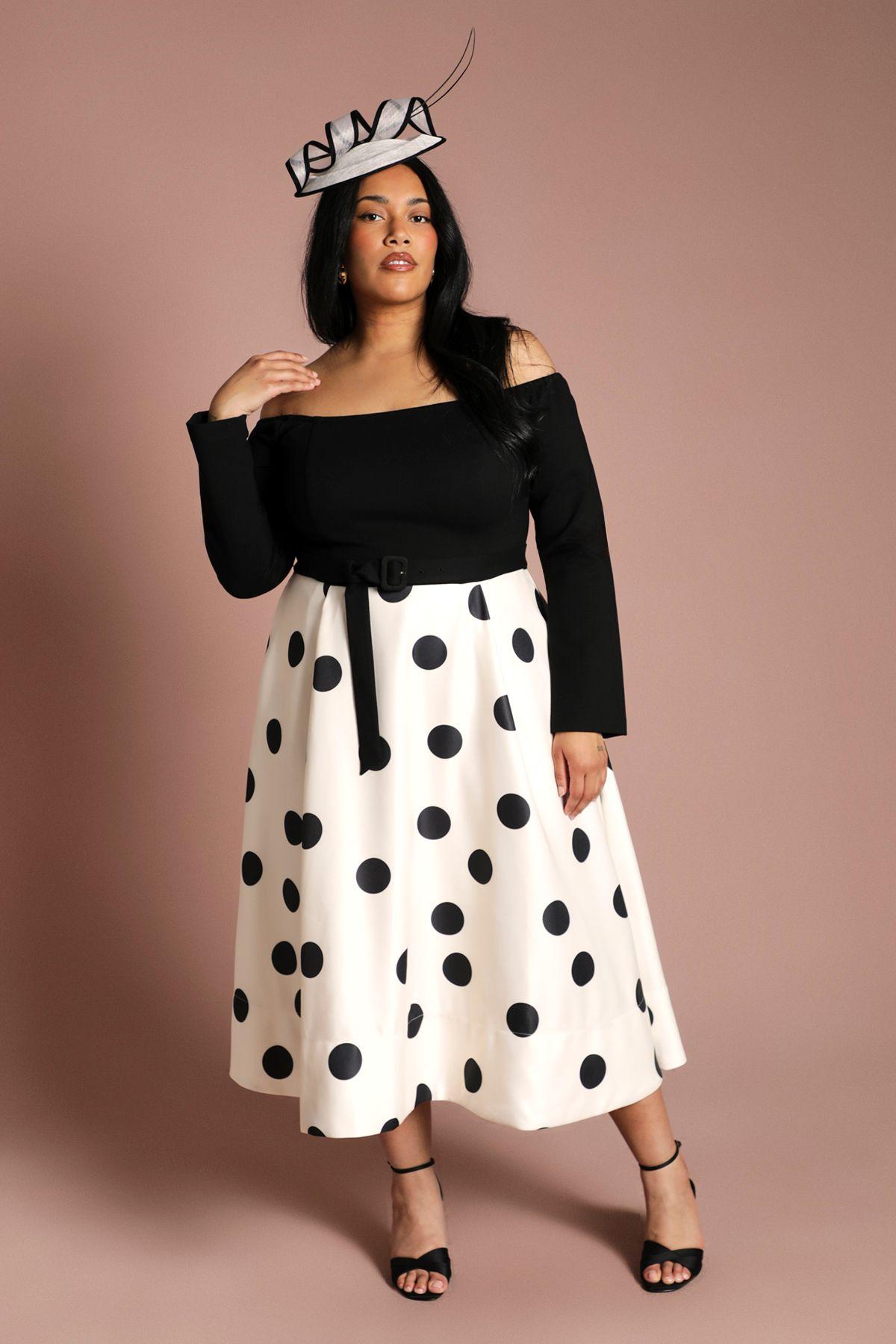 Plus Long Sleeve Bardot Printed Full Skirted Ponte Midi Dress by COAST