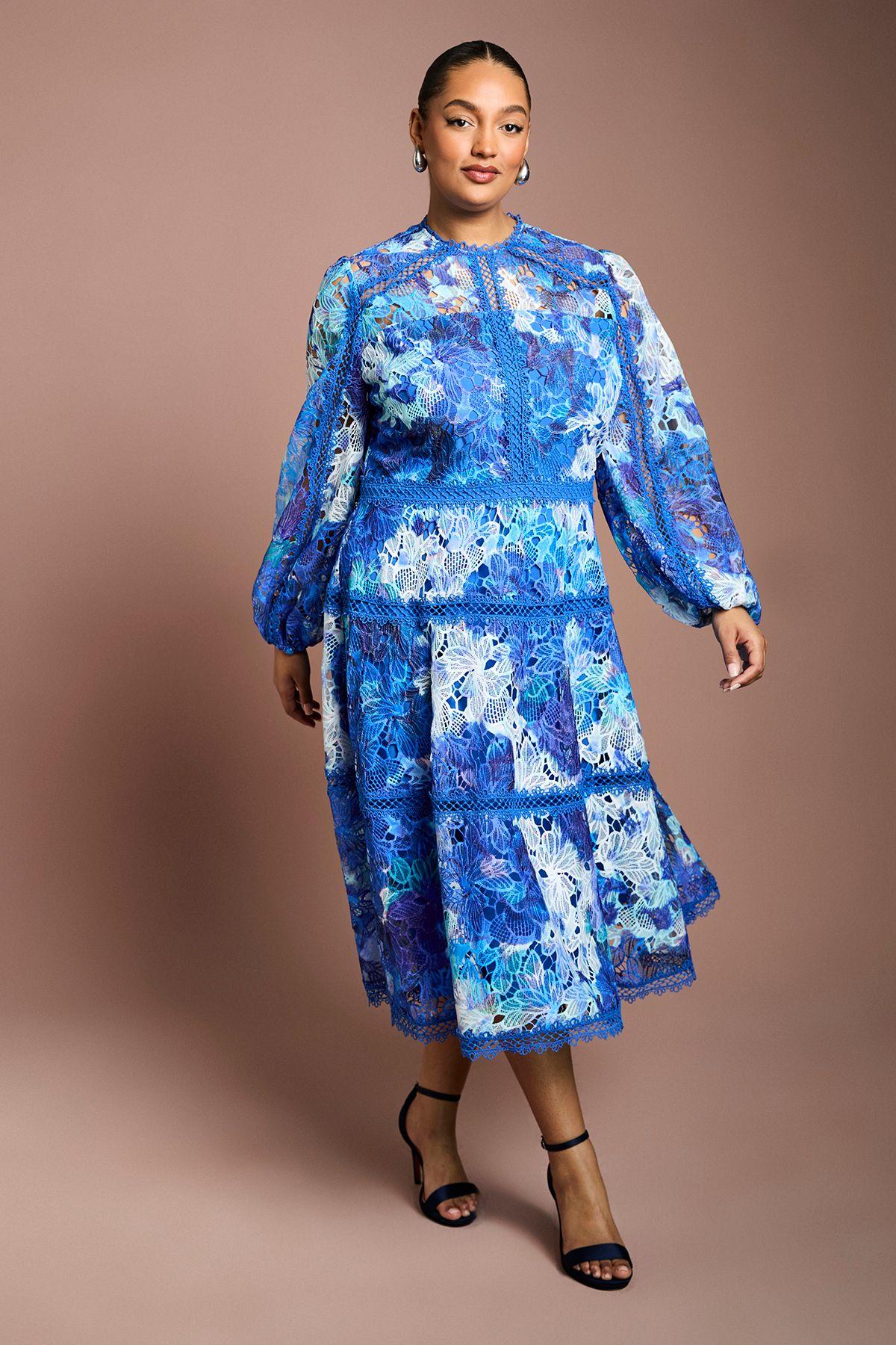 Plus Printed Lace Panelled Long Sleeve Dress by COAST
