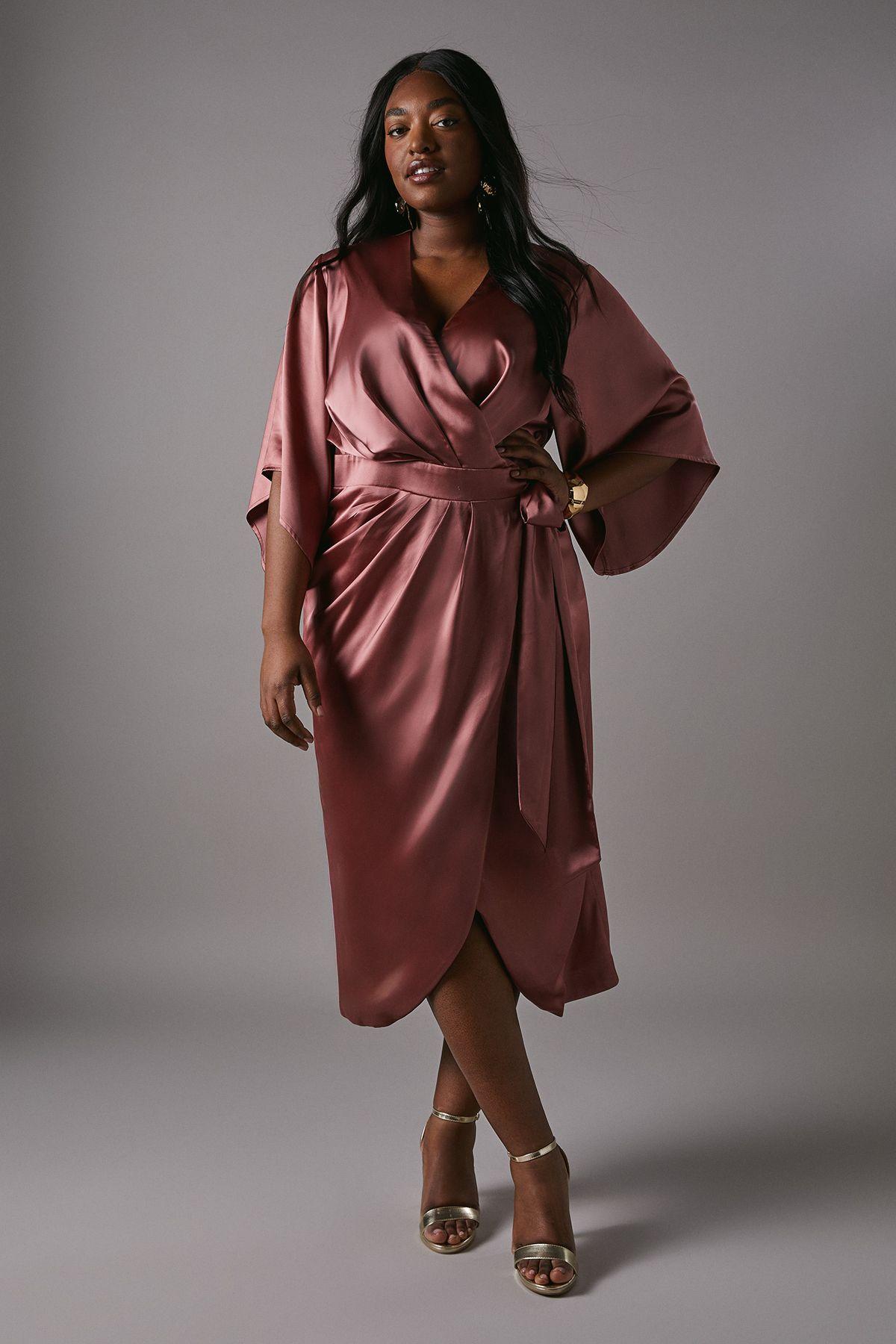 Plus Satin Pleat Front Midi Wrap Dress by COAST